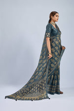 Dark Green Chiffon Saree with Yellow Ajrak sedoracouture