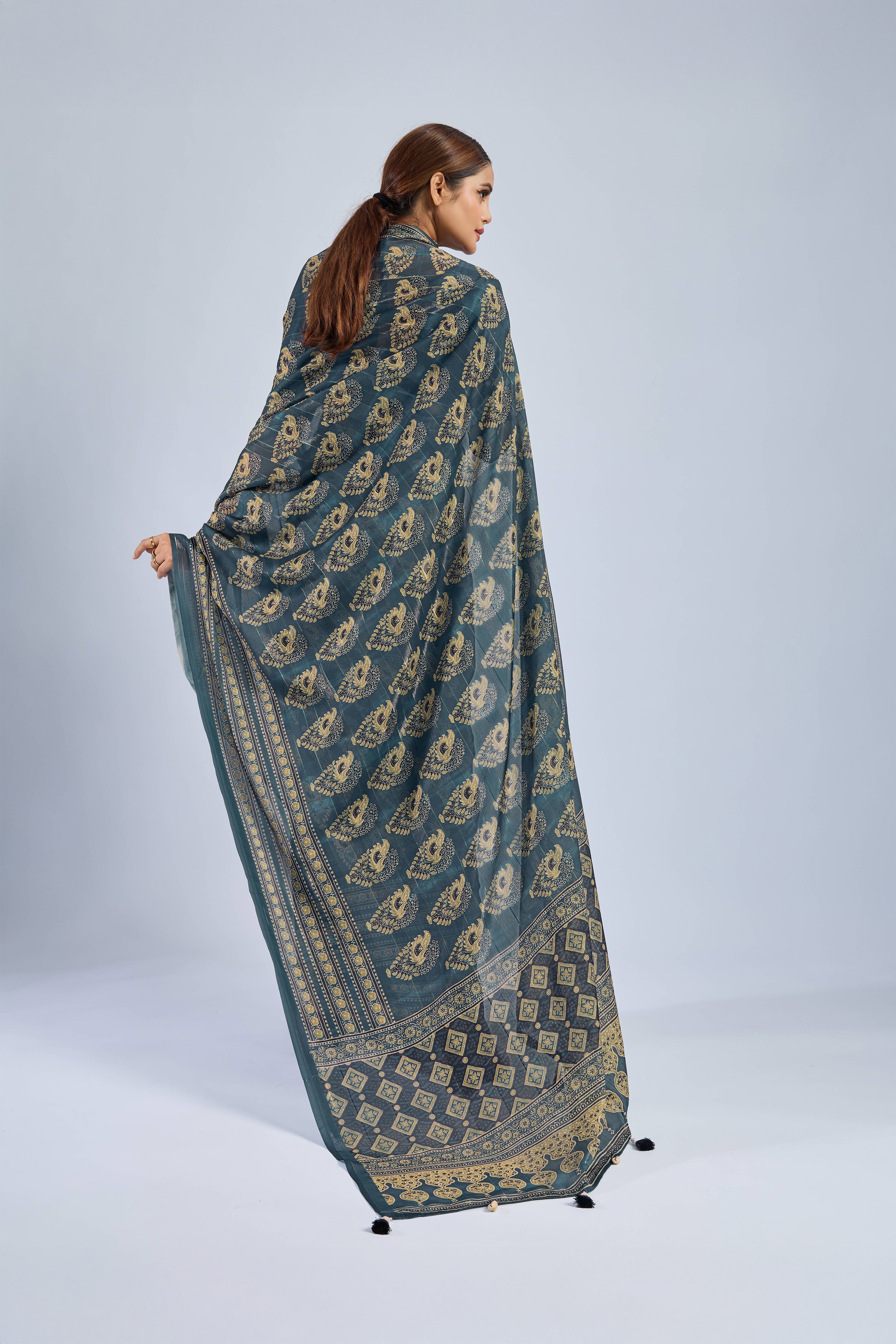 Dark Green Chiffon Saree with Yellow Ajrak