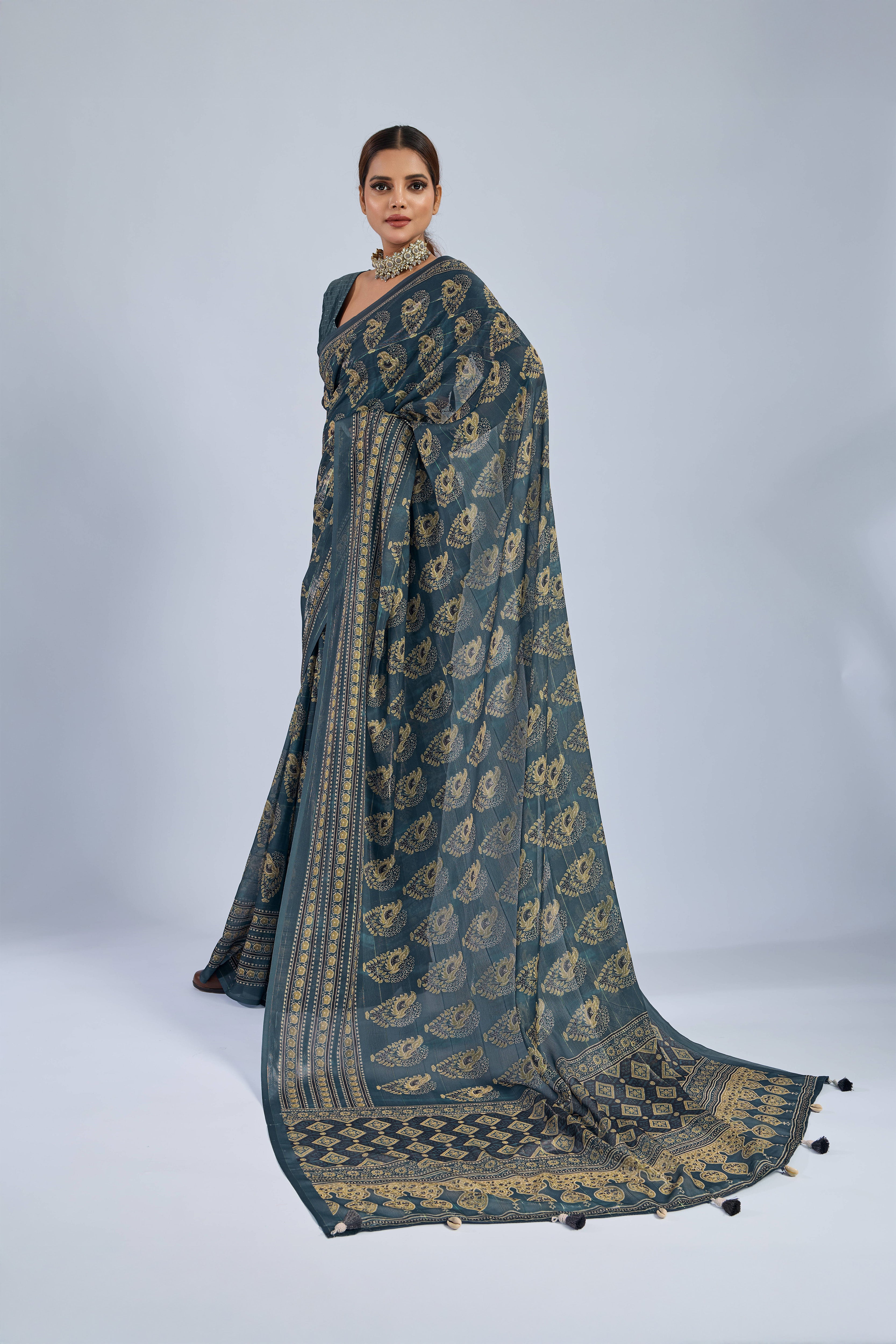 Dark Green Chiffon Saree with Yellow Ajrak