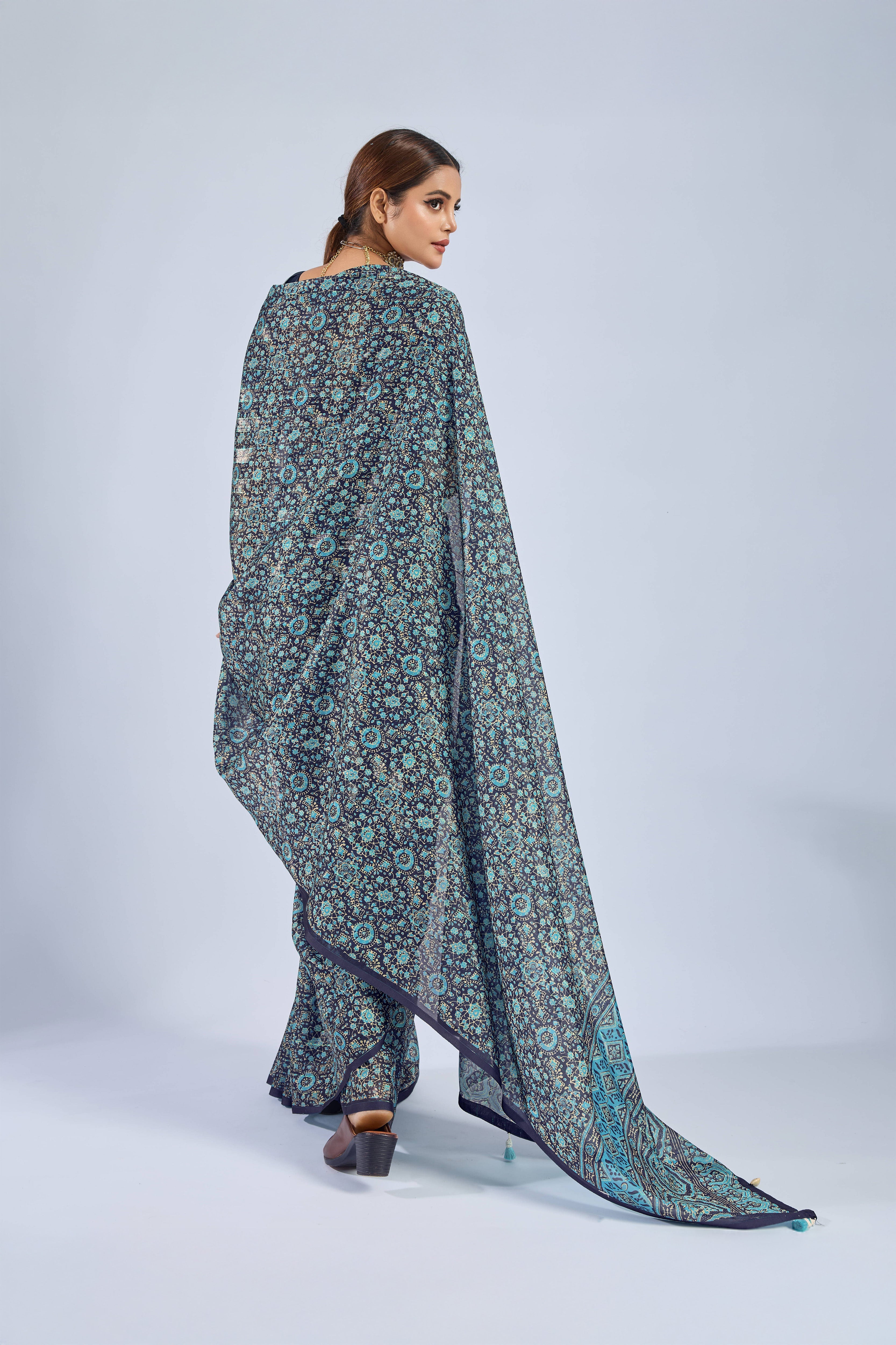 Dark Blue Chiffon Ajrak Print Saree sedoracouture