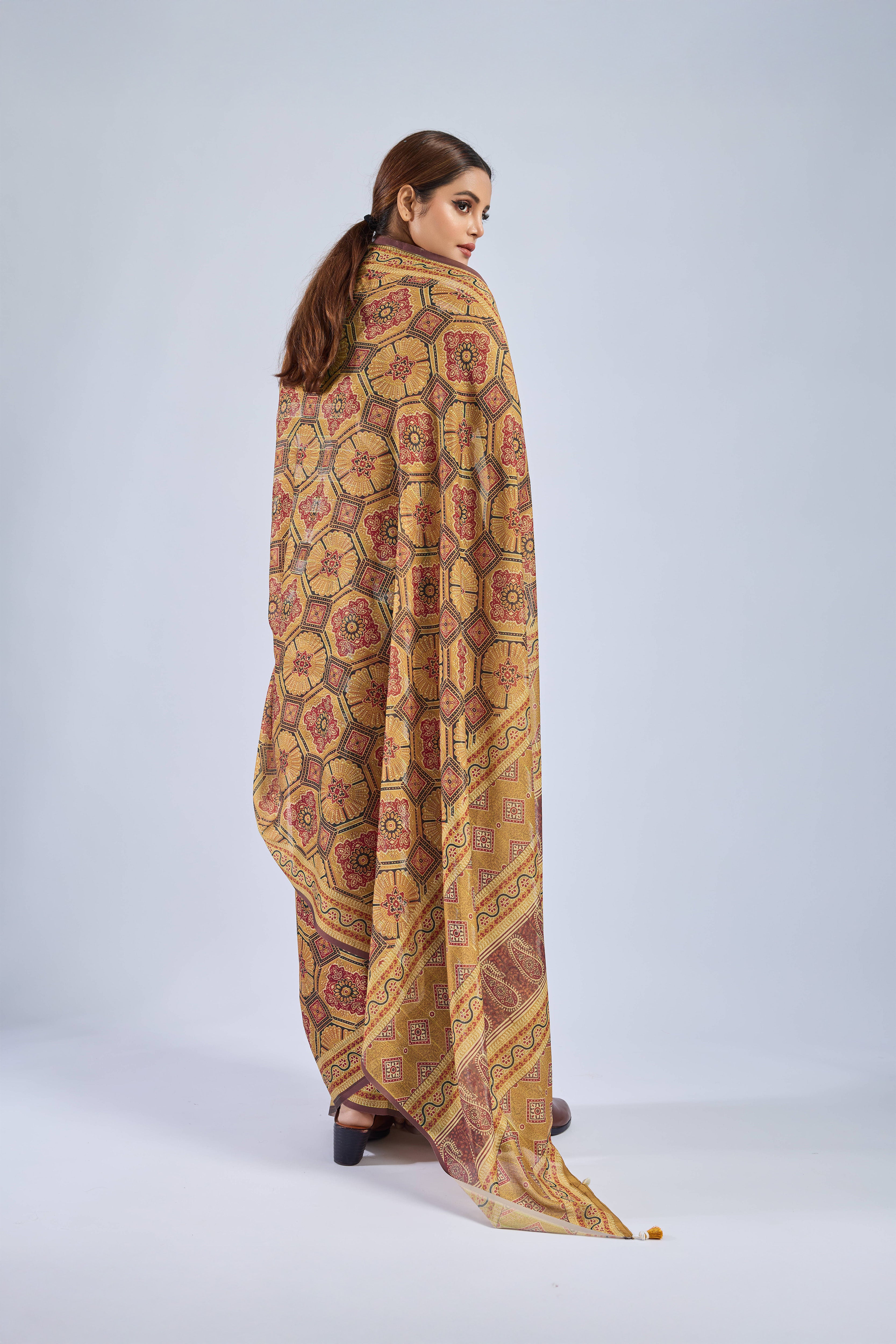 Yellow Chiffon Saree with Ajrak Print