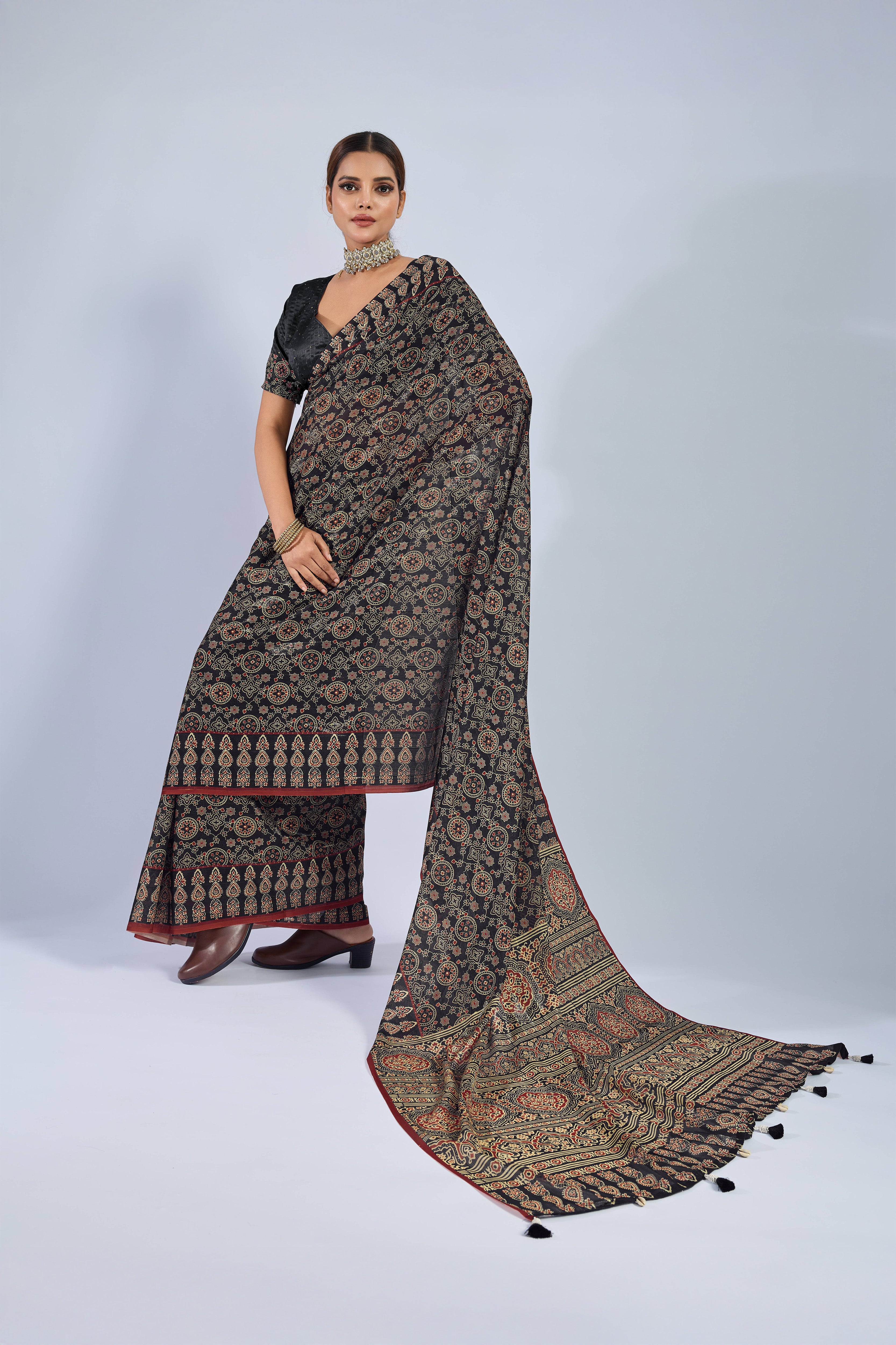 Black Chiffon Saree with Yellow Ajrak Print