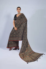 Black Chiffon Saree with Yellow Ajrak Print sedoracouture