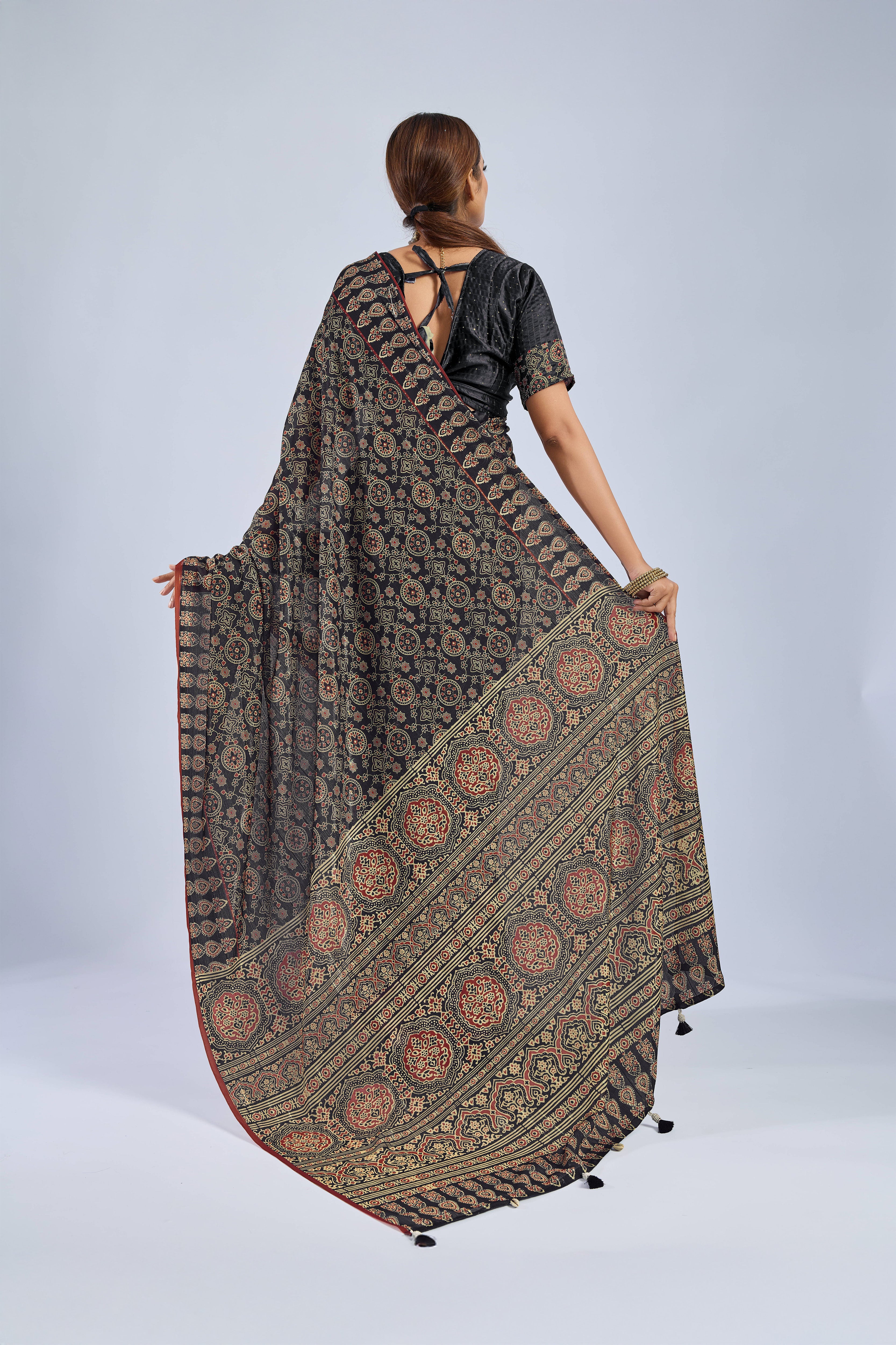 Black Chiffon Saree with Yellow Ajrak Print