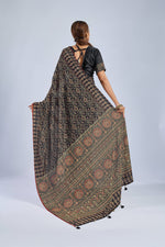 Black Chiffon Saree with Yellow Ajrak Print sedoracouture