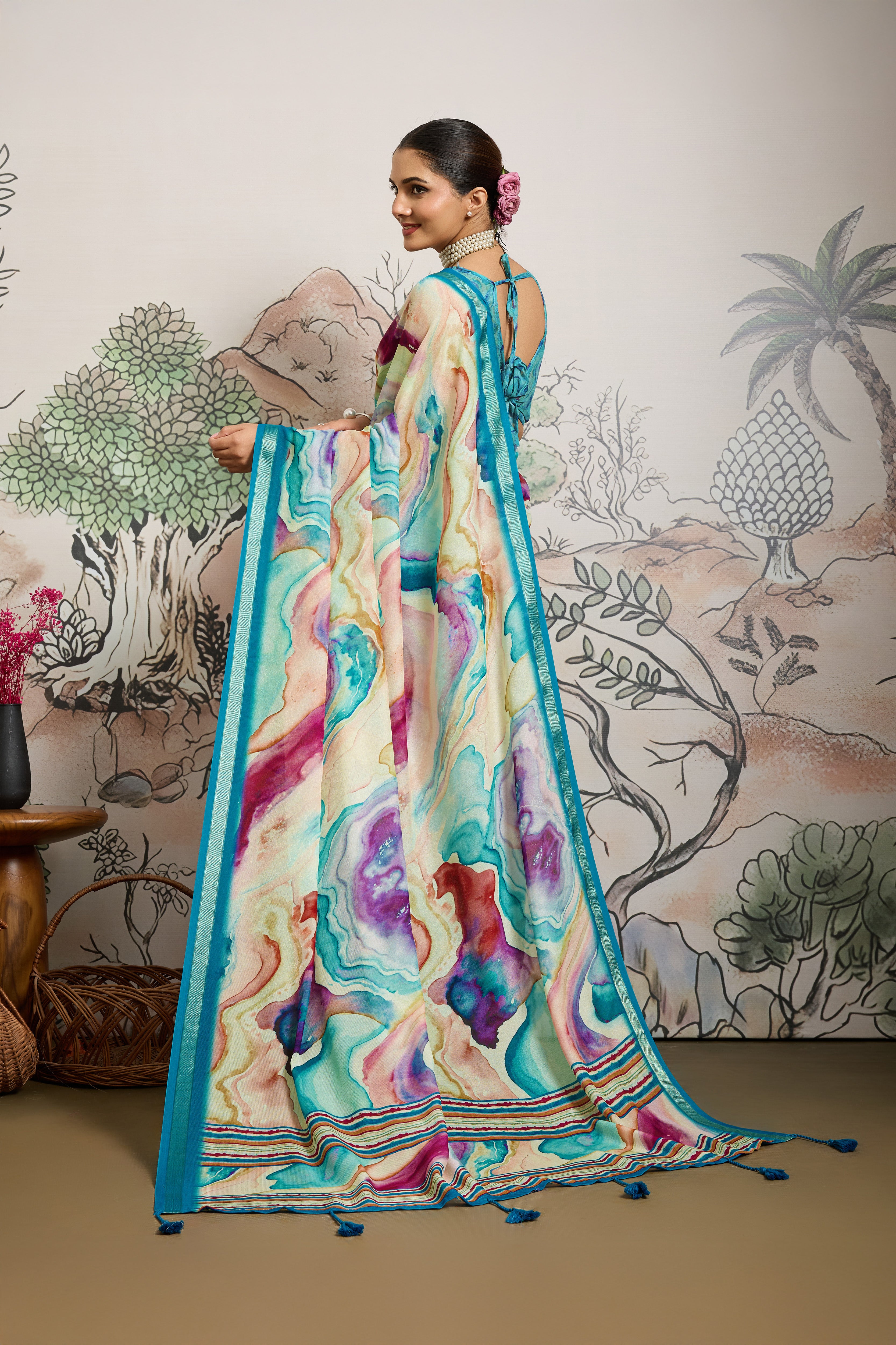 Multicolour Moss Zari Printed Saree with Blue Casab Zari Border