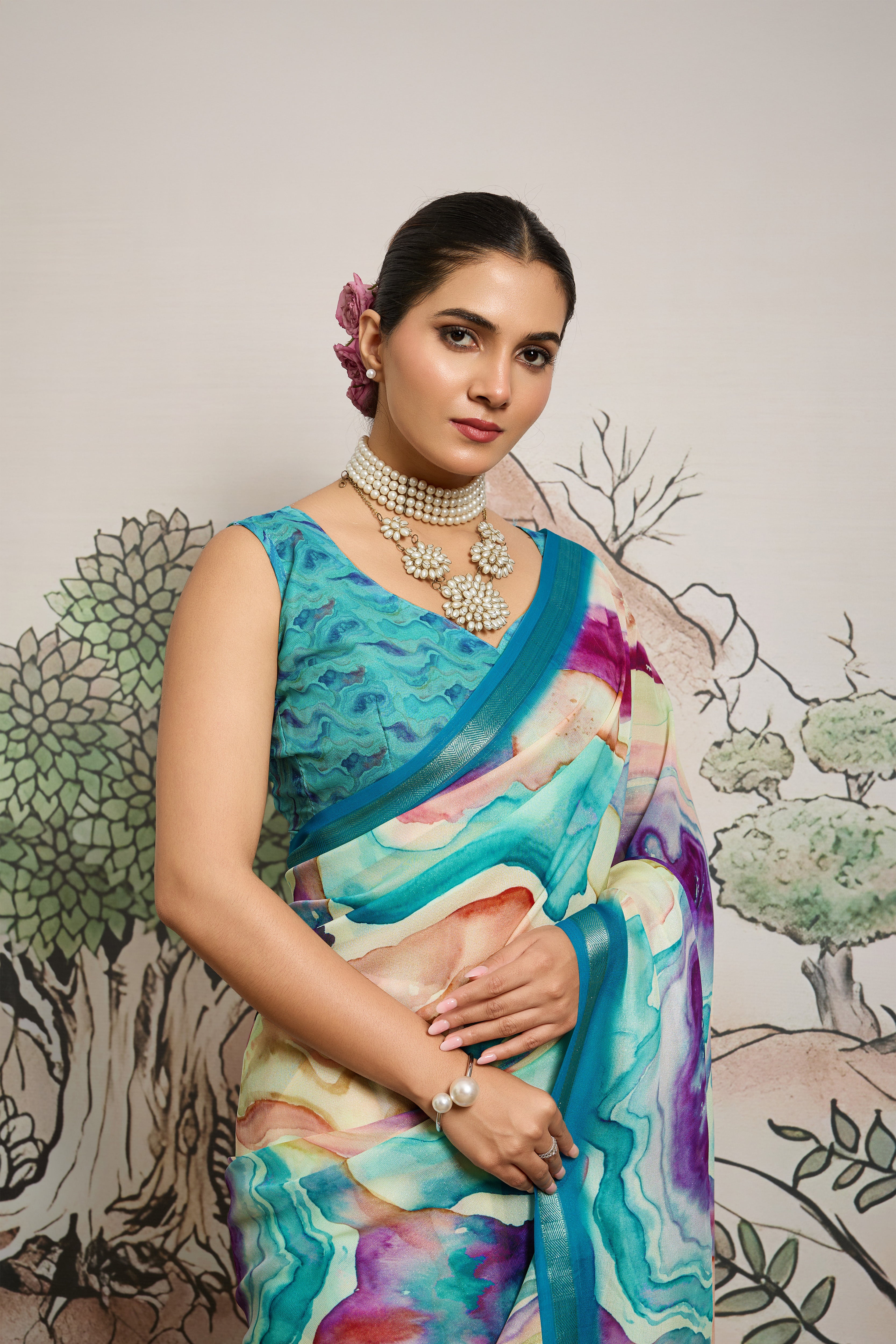 Multicolour Moss Zari Printed Saree with Blue Casab Zari Border
