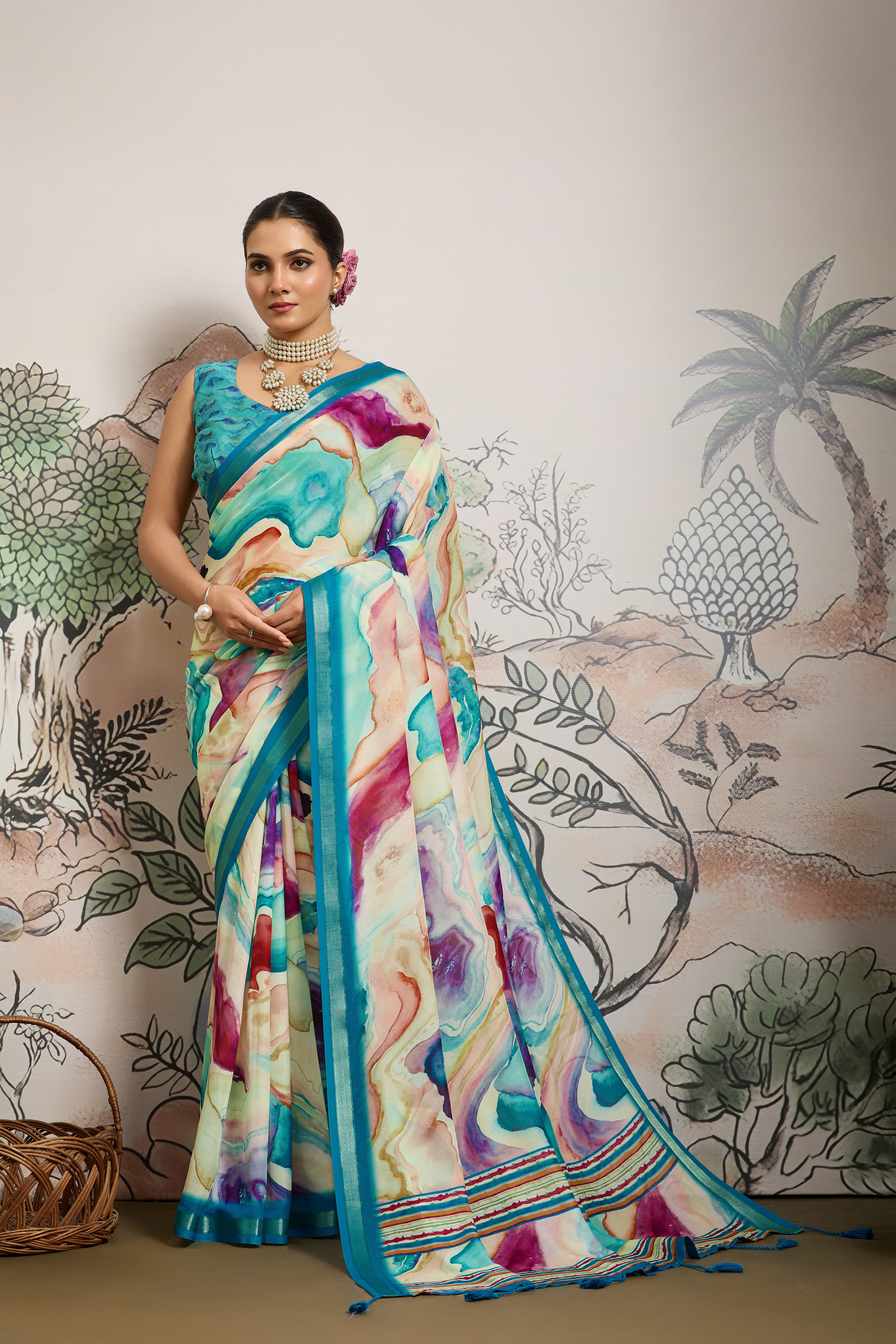 Multicolour Moss Zari Printed Saree with Blue Casab Zari Border