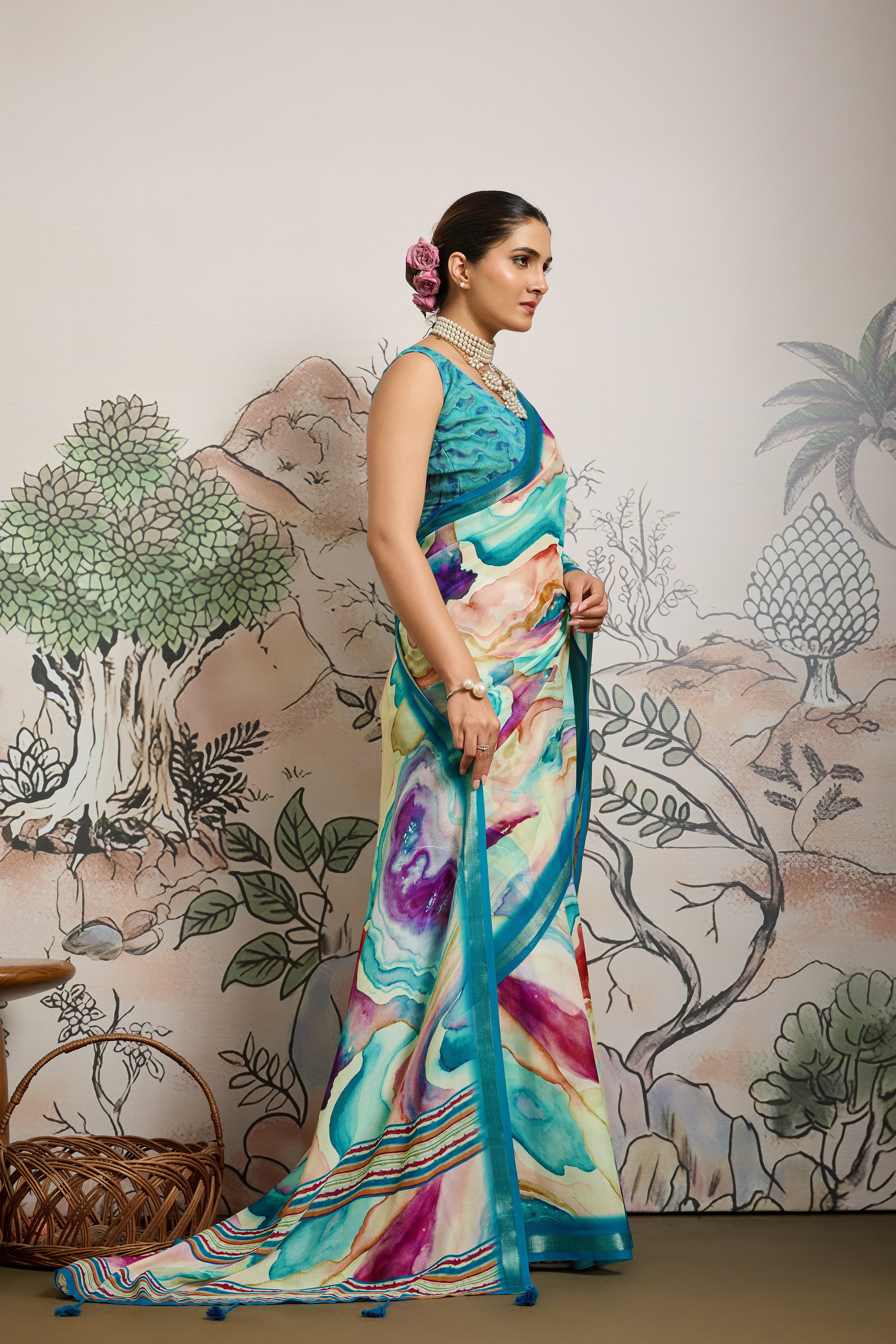 Multicolour Moss Zari Printed Saree with Blue Casab Zari Border sedoracouture