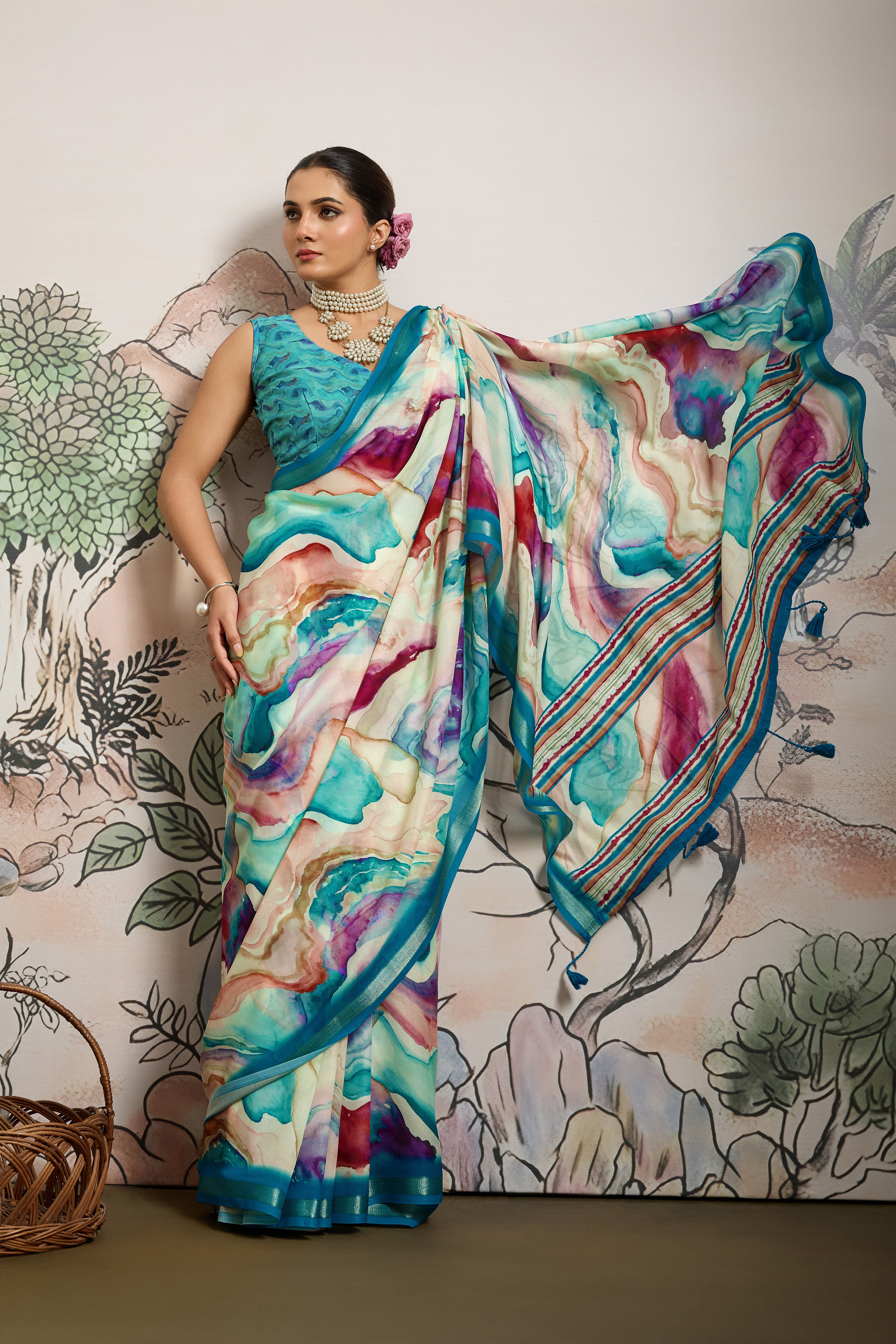 Multicolour Moss Zari Printed Saree with Blue Casab Zari Border