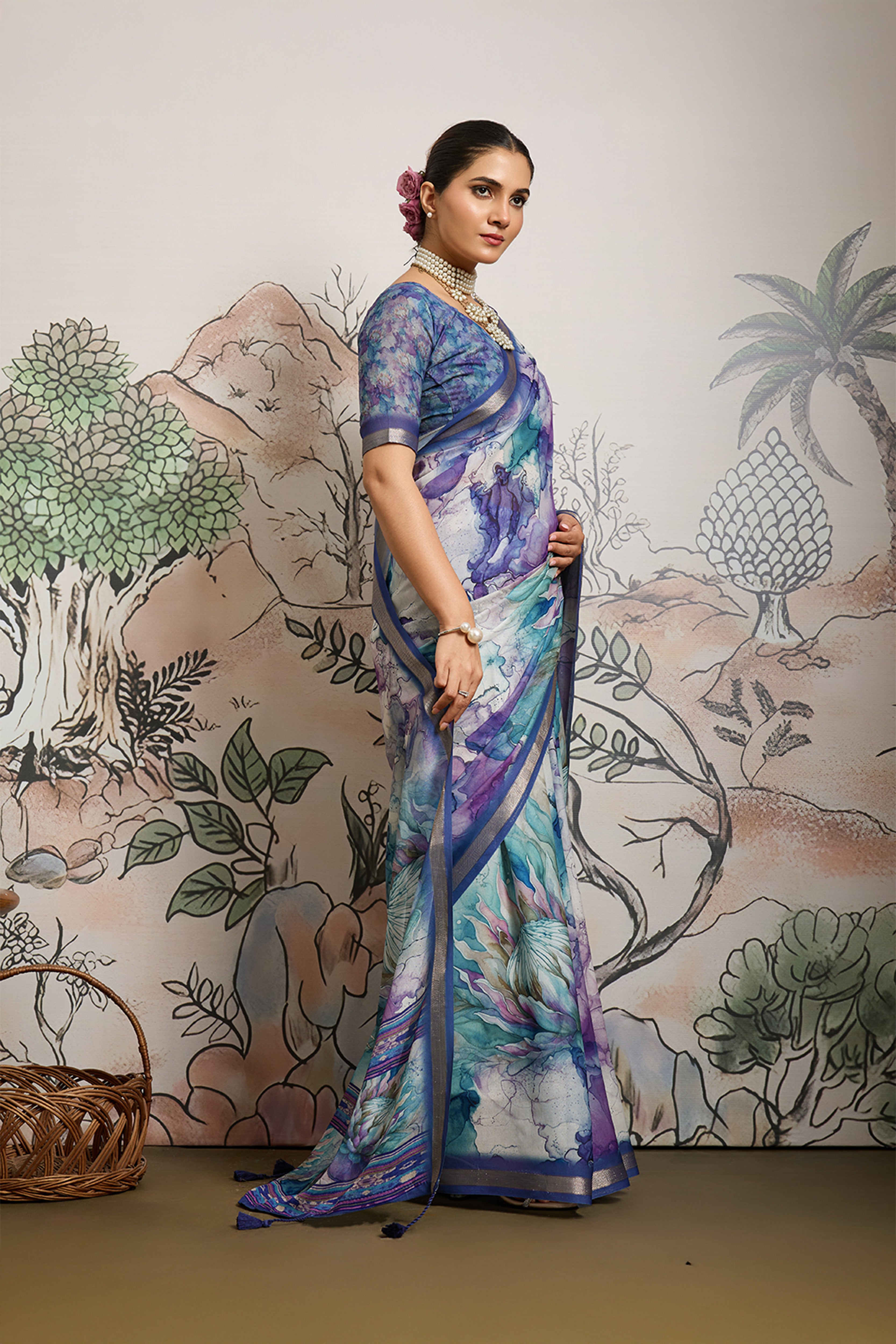 Purple Moss Zari Printed Saree with Casab Zari Border