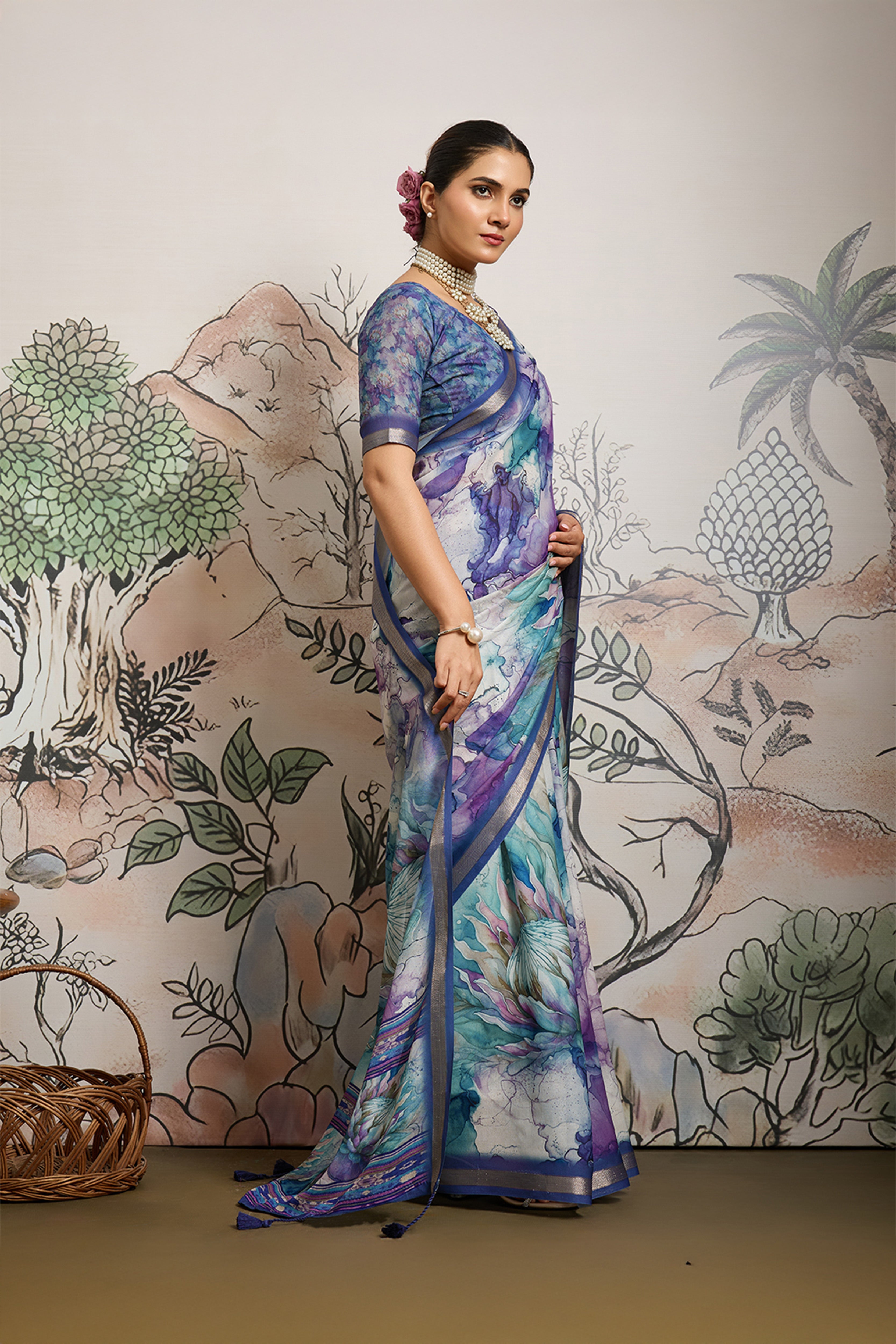 Purple Moss Zari Printed Saree with Casab Zari Border sedoracouture