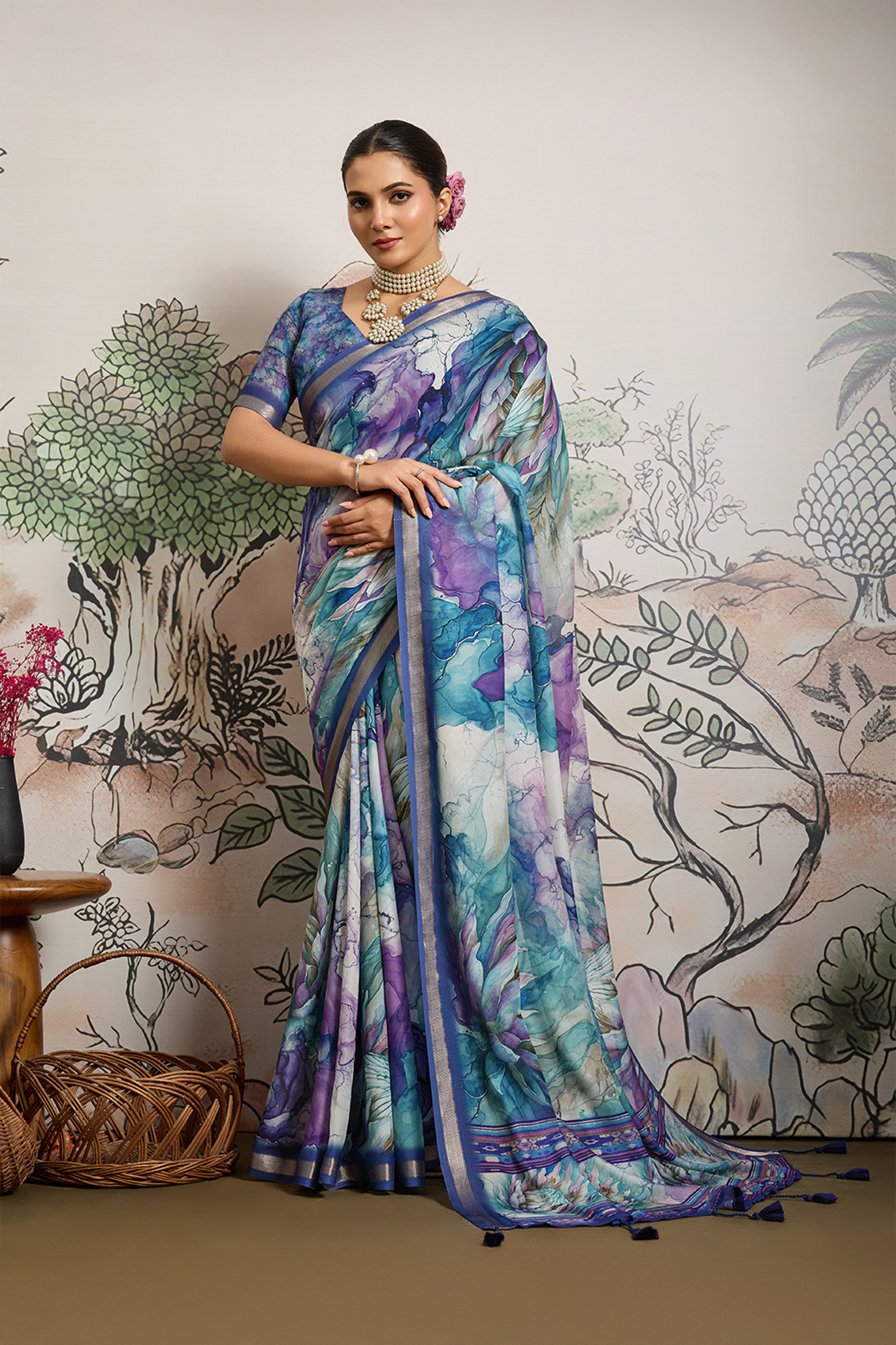Purple Moss Zari Printed Saree with Casab Zari Border