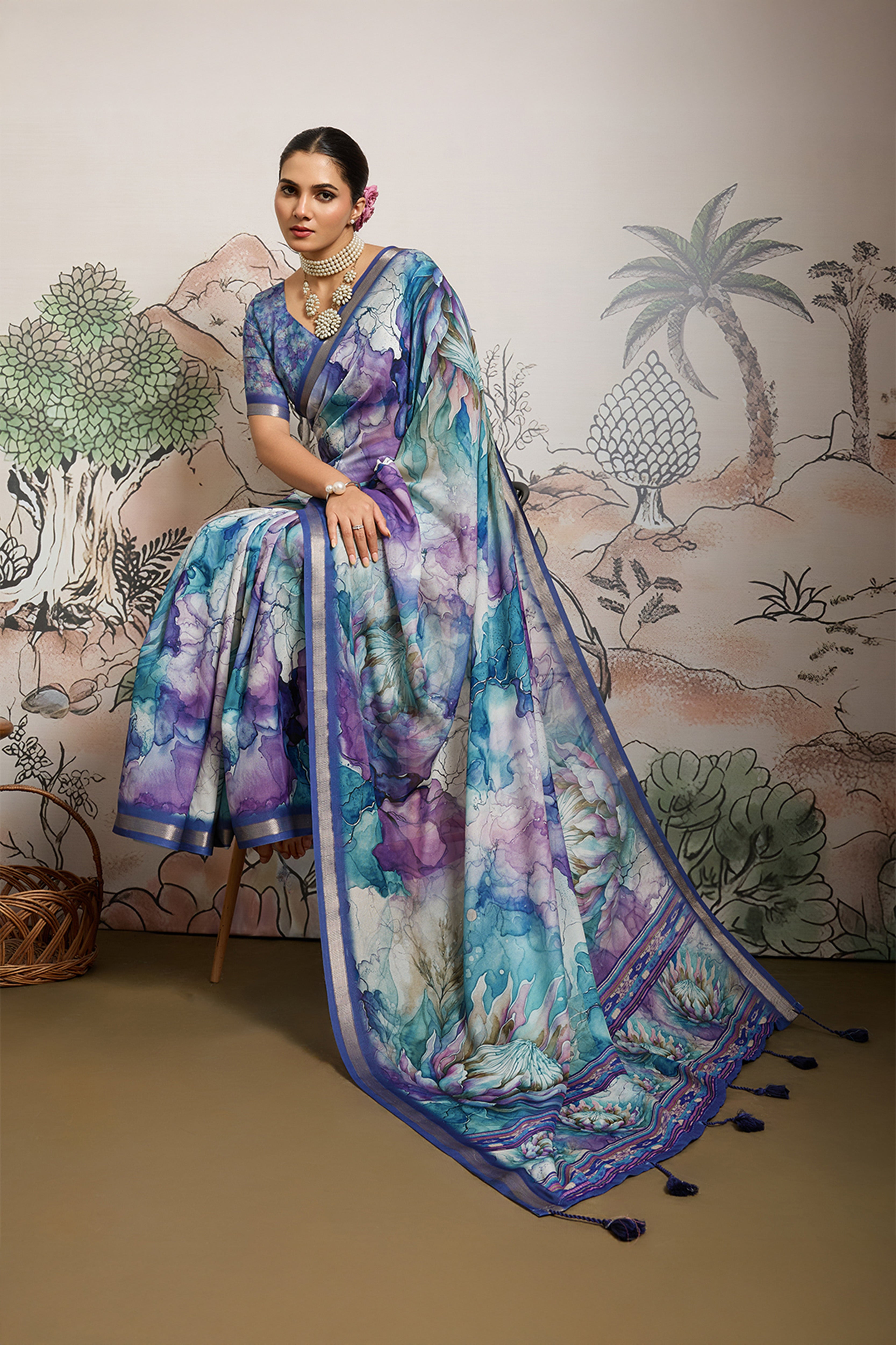 Purple Moss Zari Printed Saree with Casab Zari Border