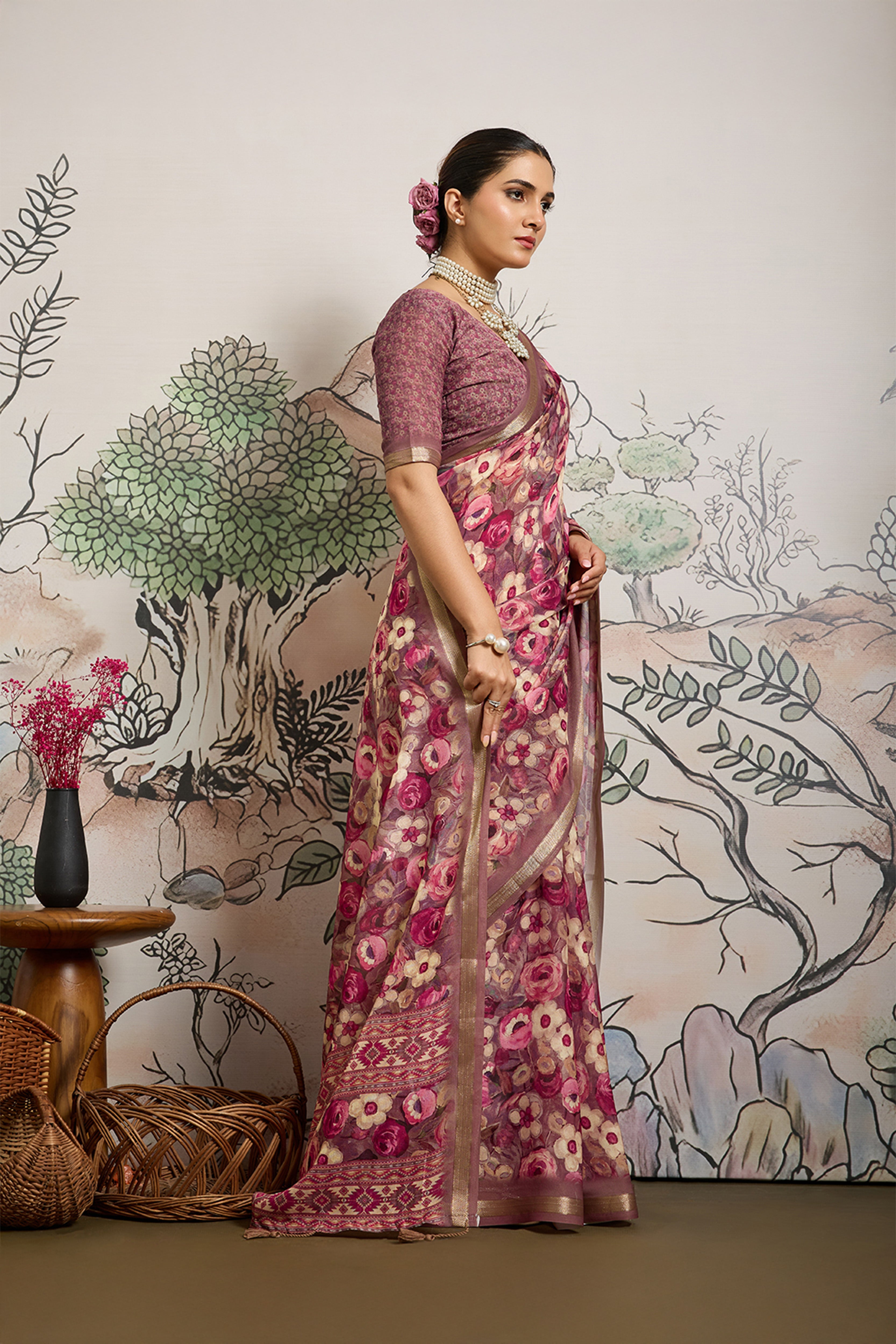 Light Brown Moss Zari Printed Saree with Casab Zari Border sedoracouture