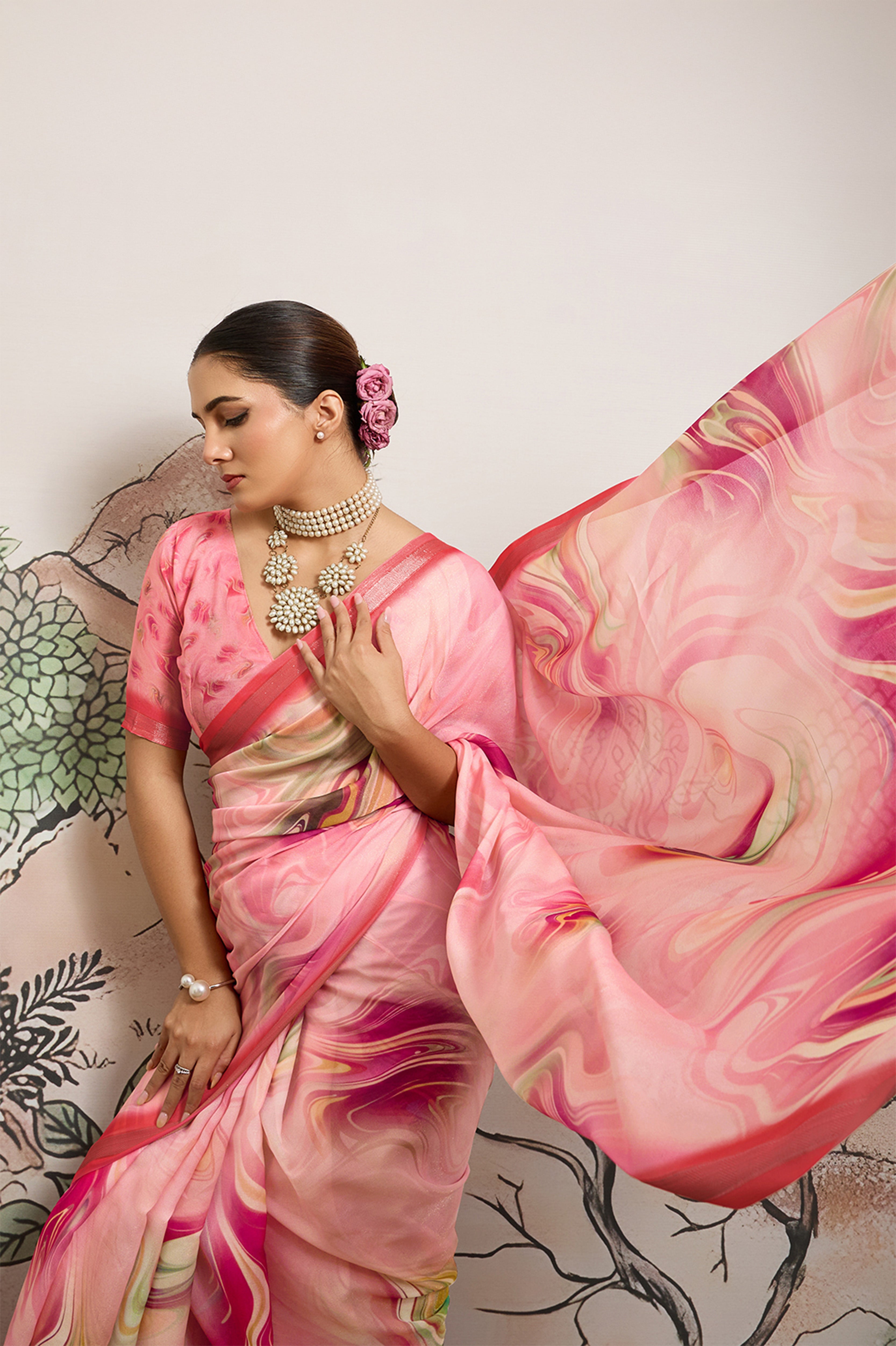 Baby Pink Moss Zari Printed Saree with Casab Zari Border