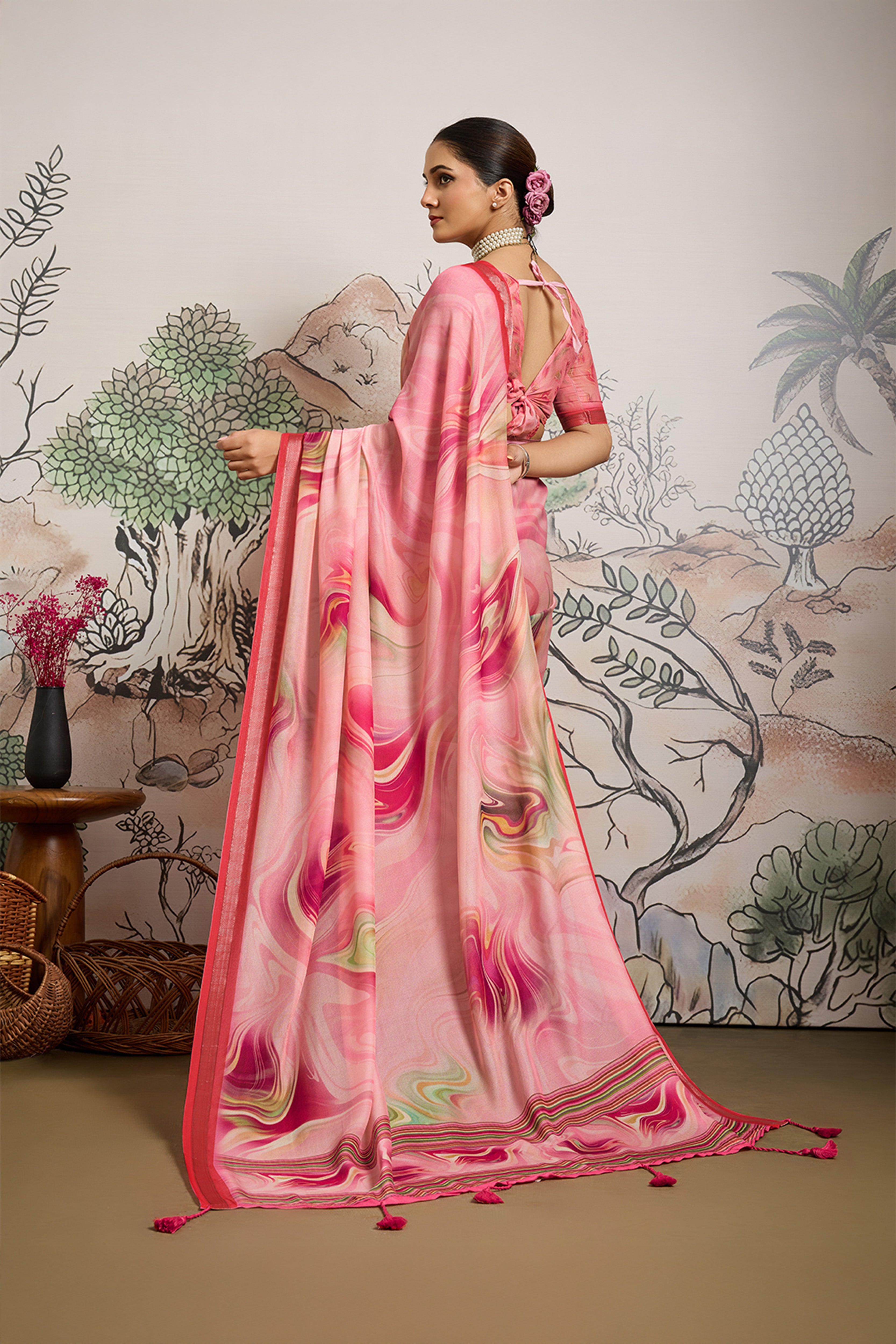 Baby Pink Moss Zari Printed Saree with Casab Zari Border