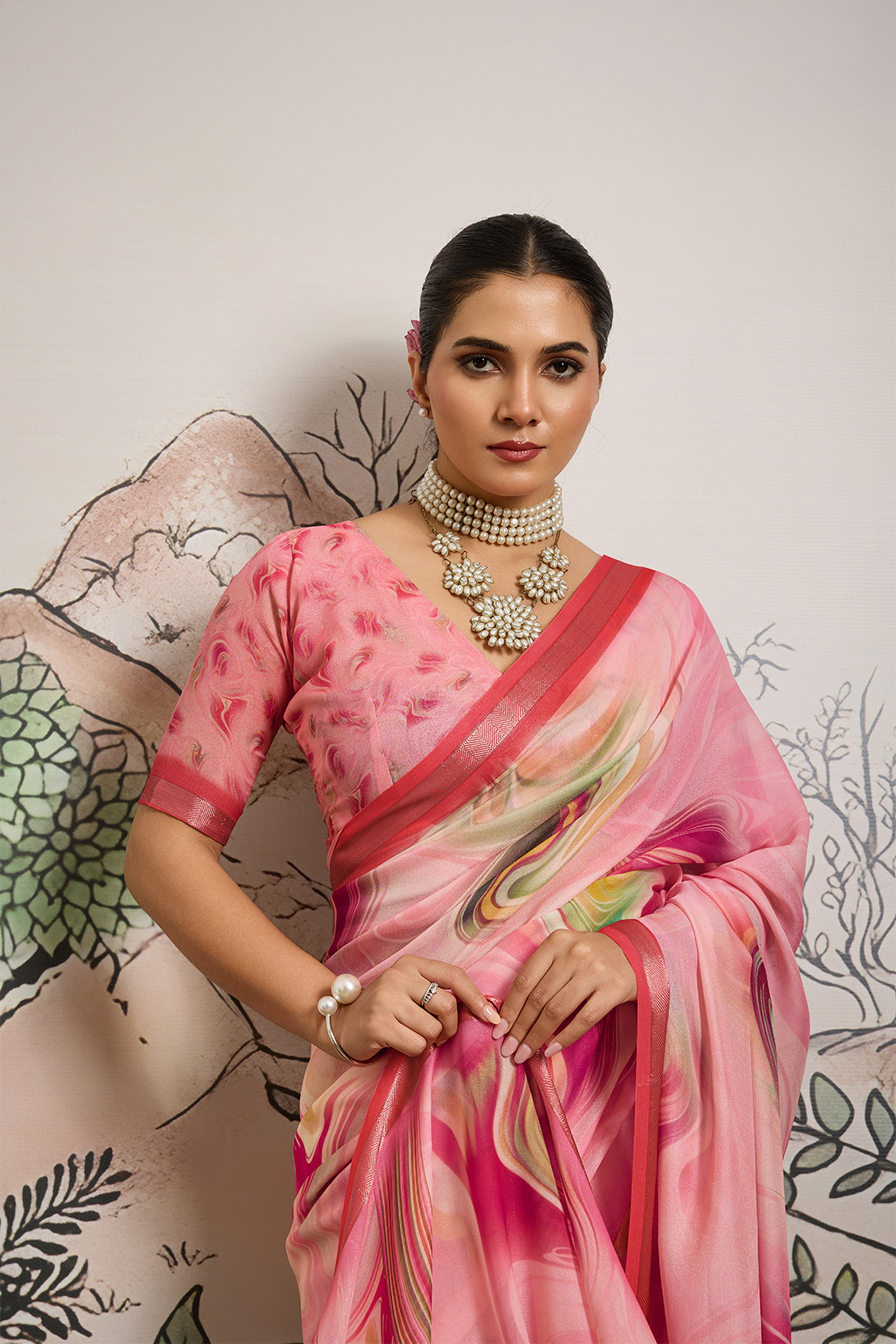 Baby Pink Moss Zari Printed Saree with Casab Zari Border