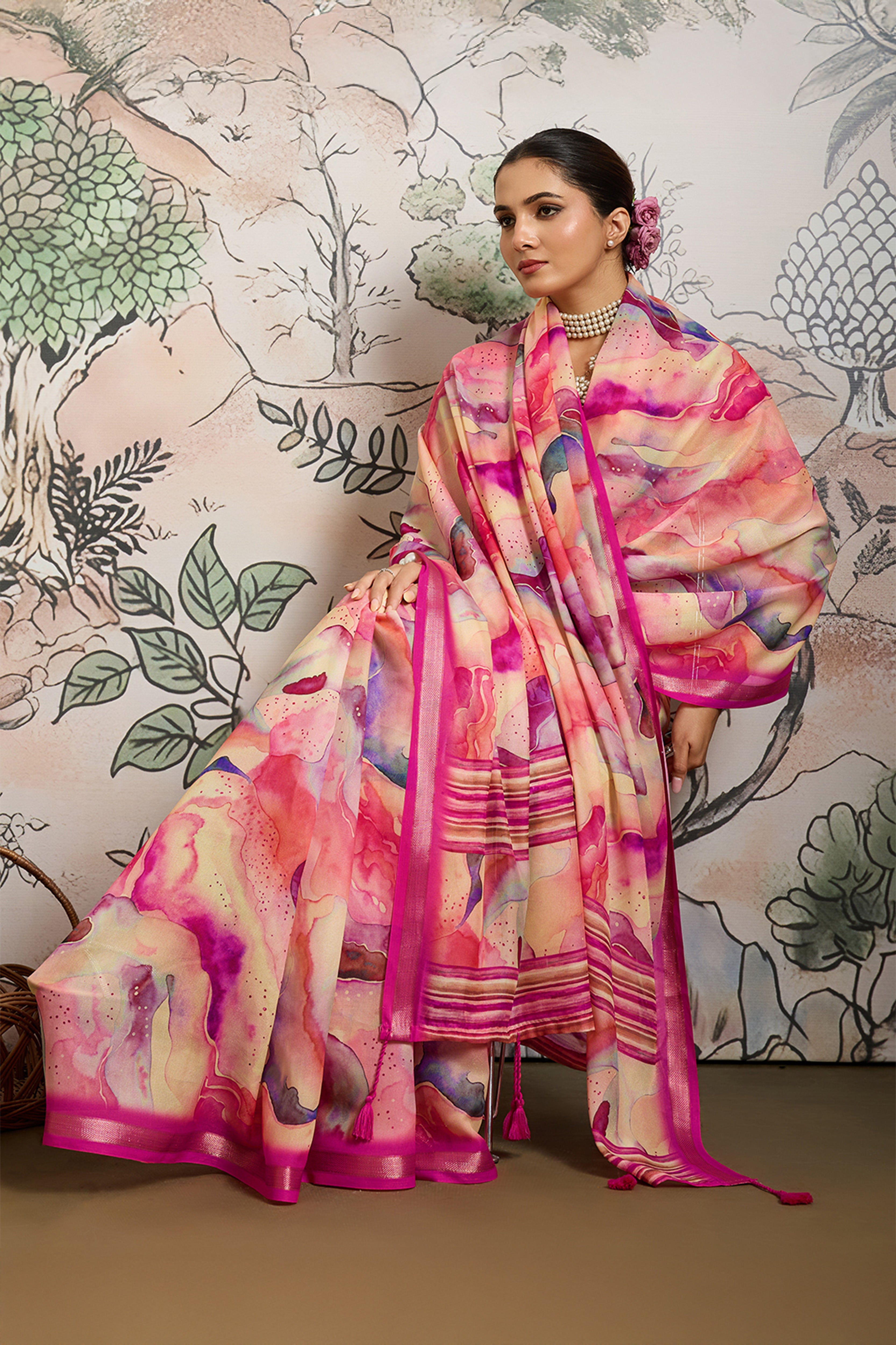 Pink Moss Zari Printed Saree with Casab Zari Border