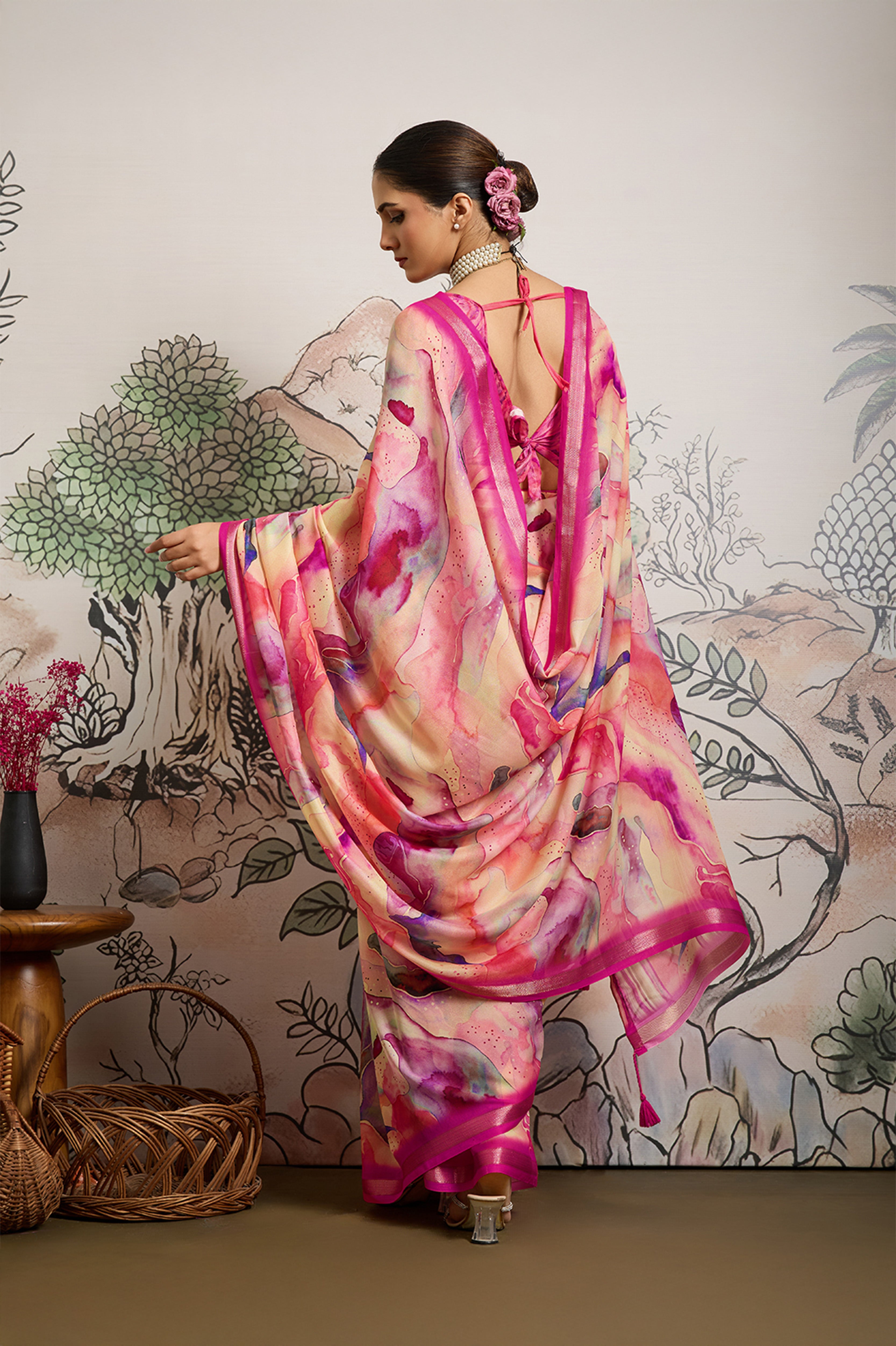 Pink Moss Zari Printed Saree with Casab Zari Border