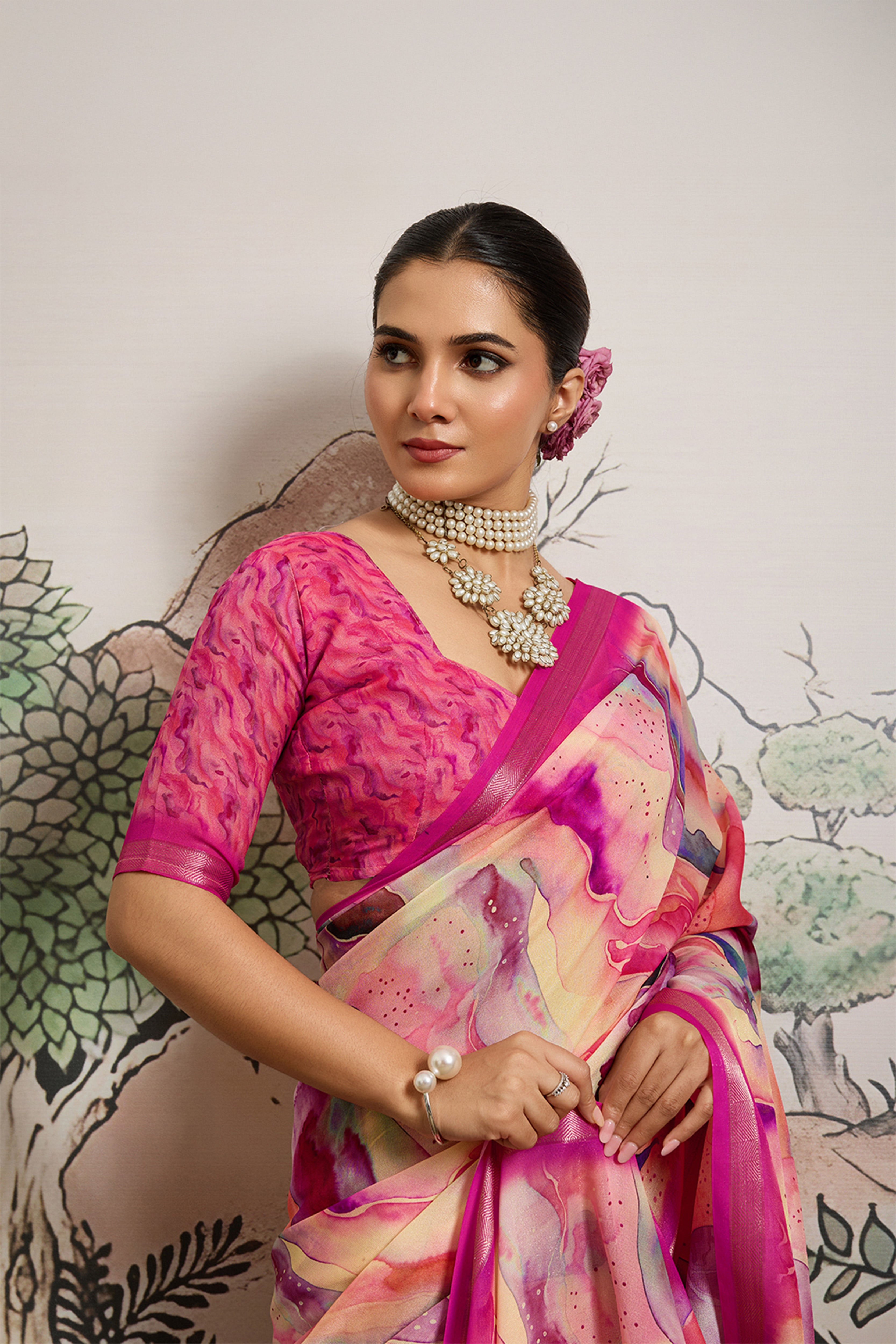 Pink Moss Zari Printed Saree with Casab Zari Border