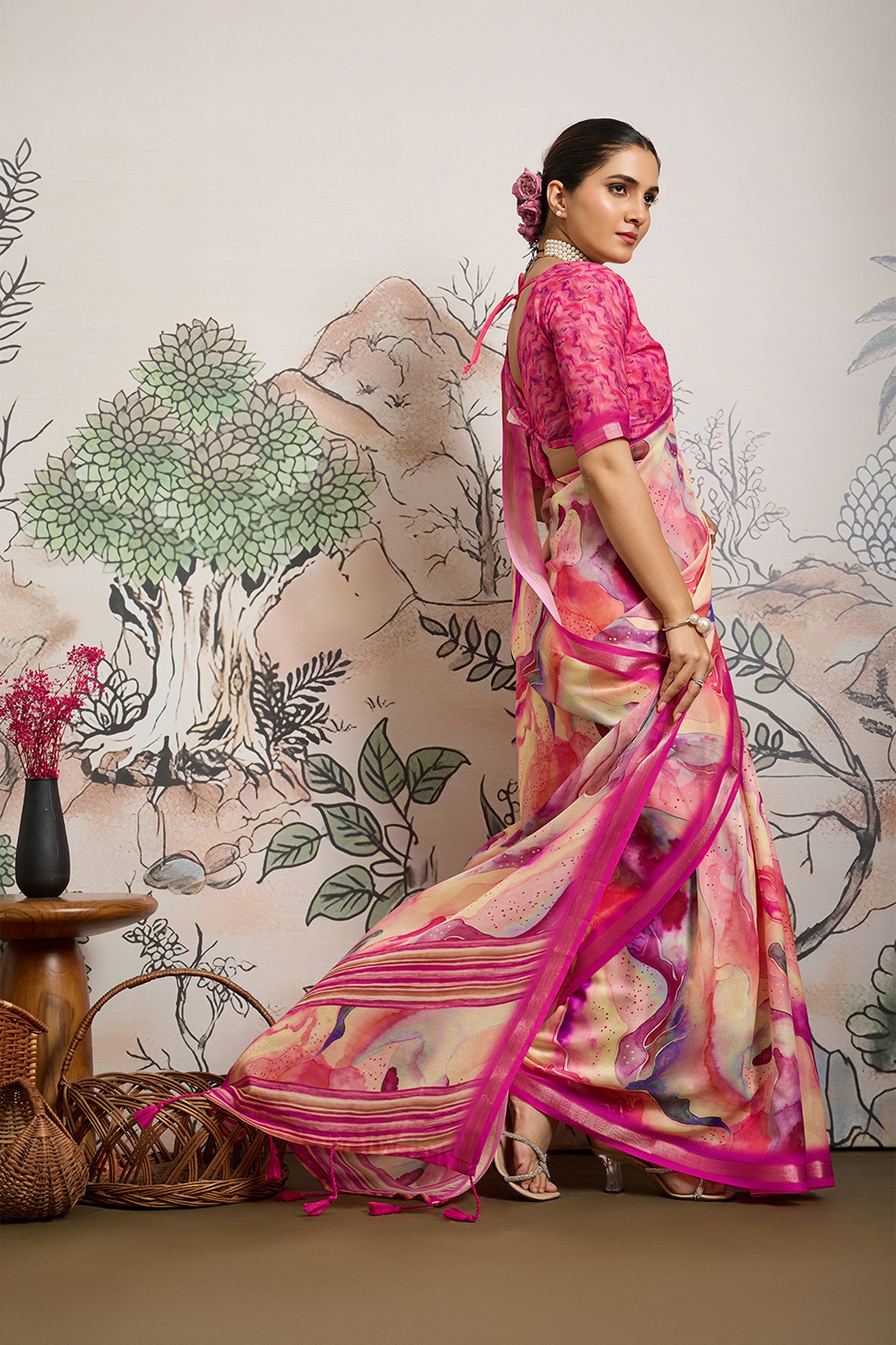 Pink Moss Zari Printed Saree with Casab Zari Border sedoracouture