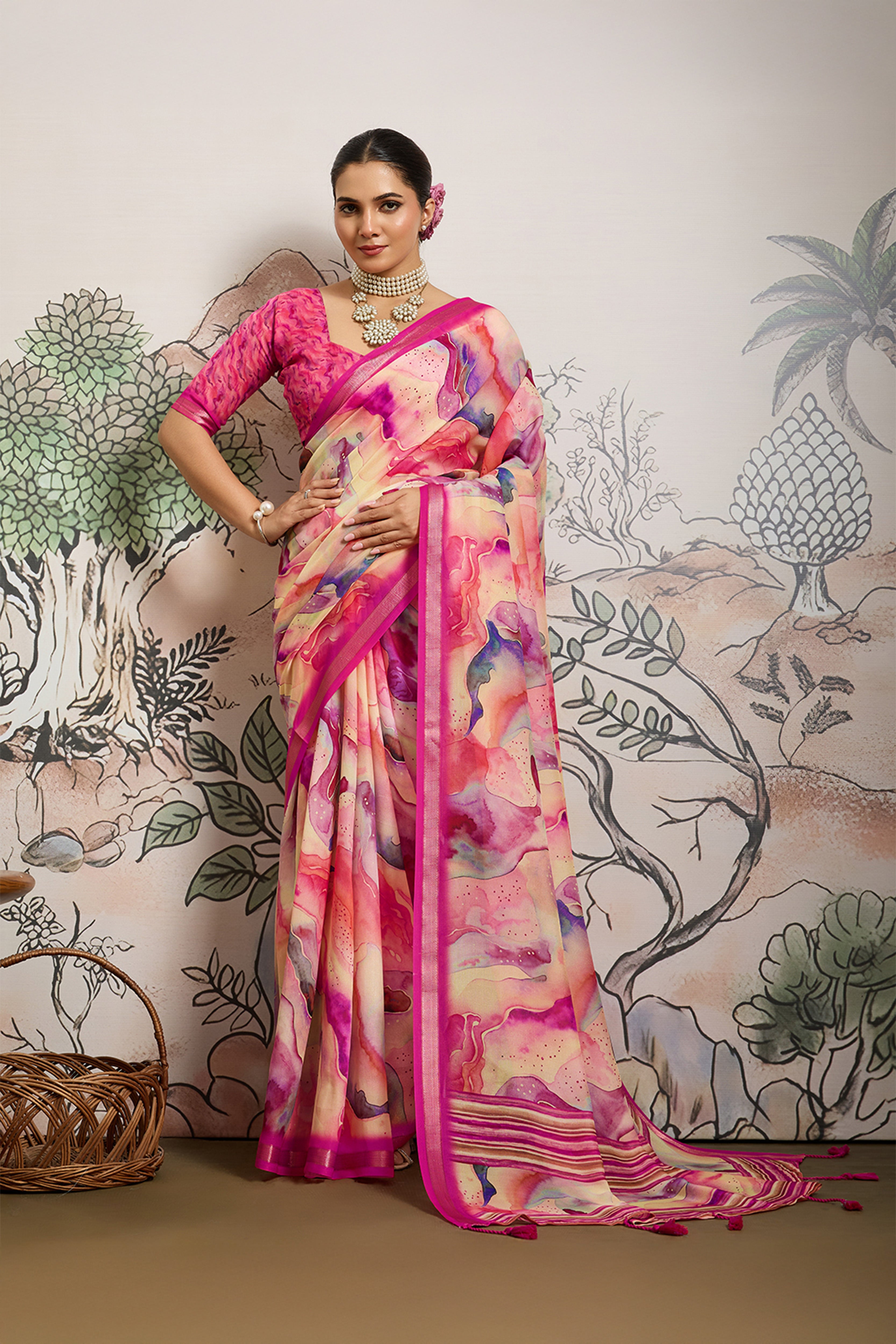 Pink Moss Zari Printed Saree with Casab Zari Border