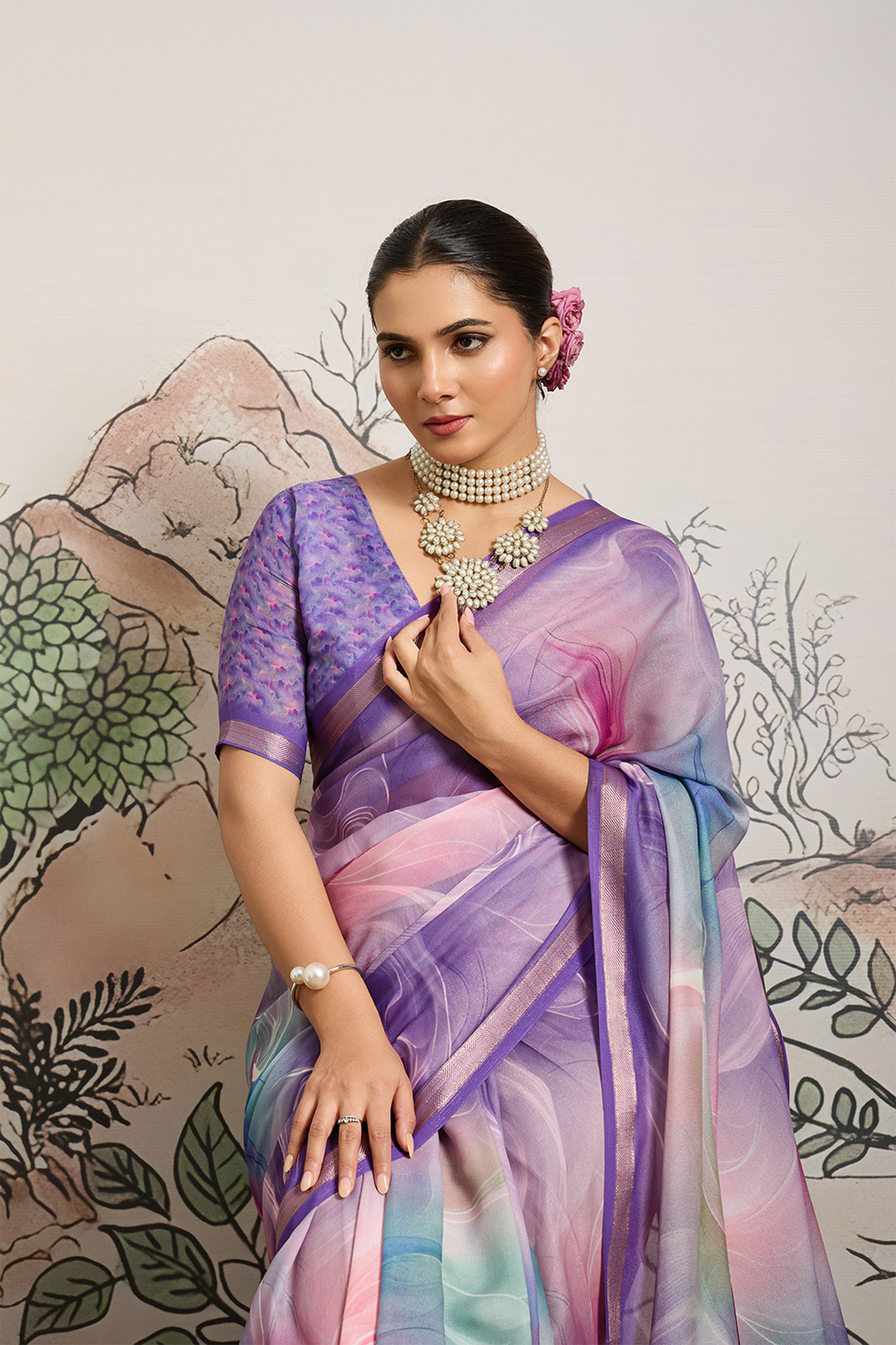 Lavender Moss Zari Printed Saree with Casab Zari Border