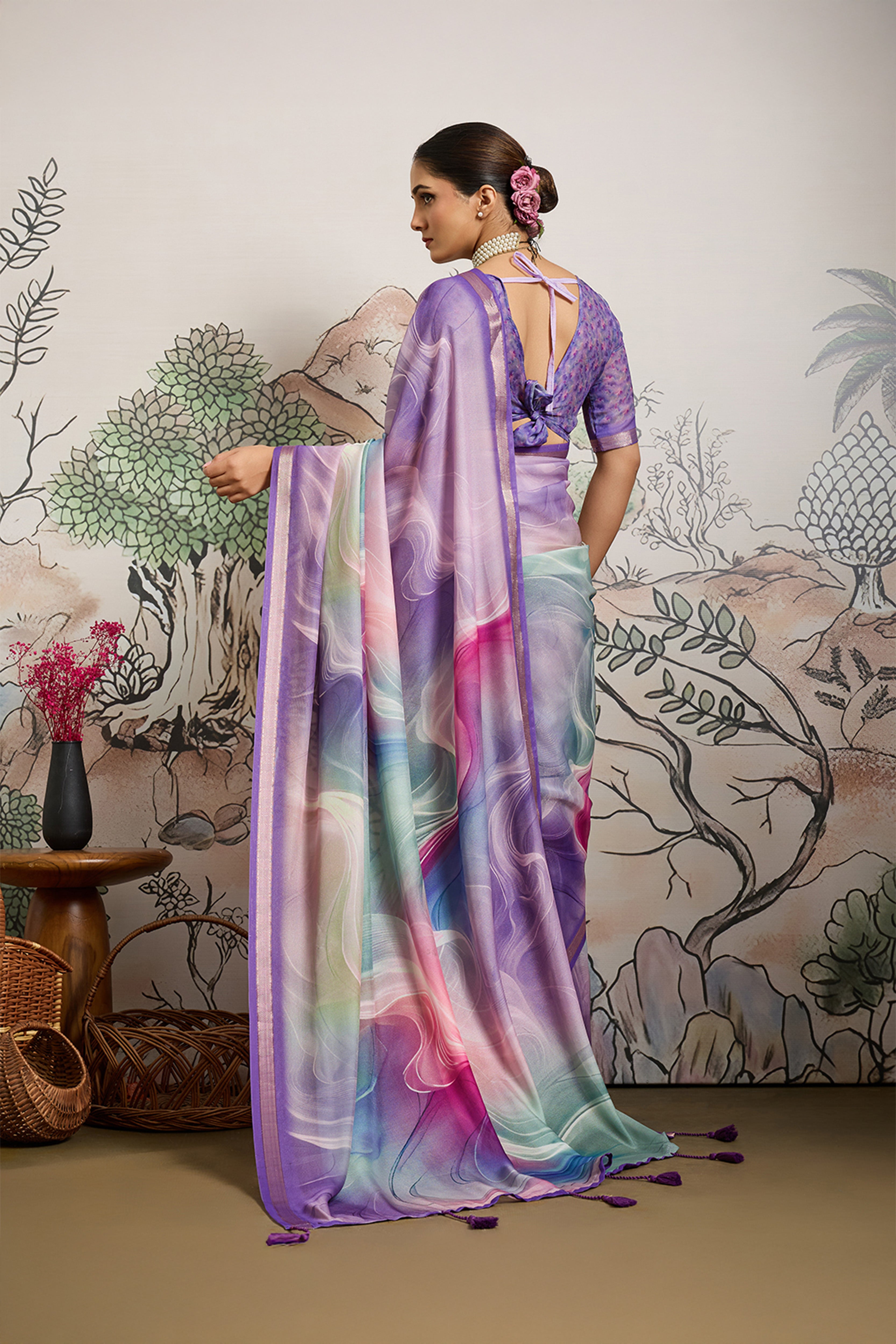 Lavender Moss Zari Printed Saree with Casab Zari Border