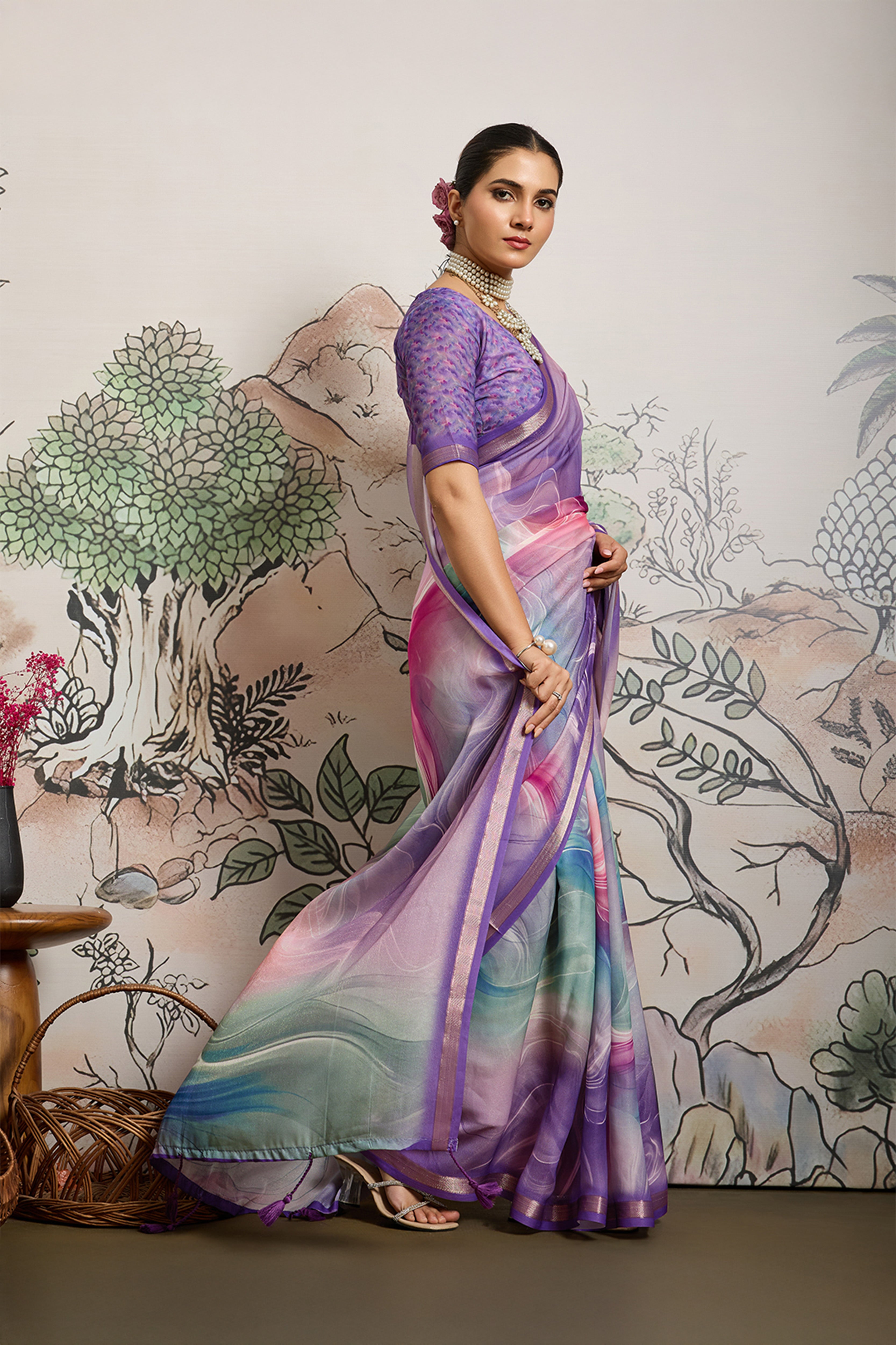 Lavender Moss Zari Printed Saree with Casab Zari Border