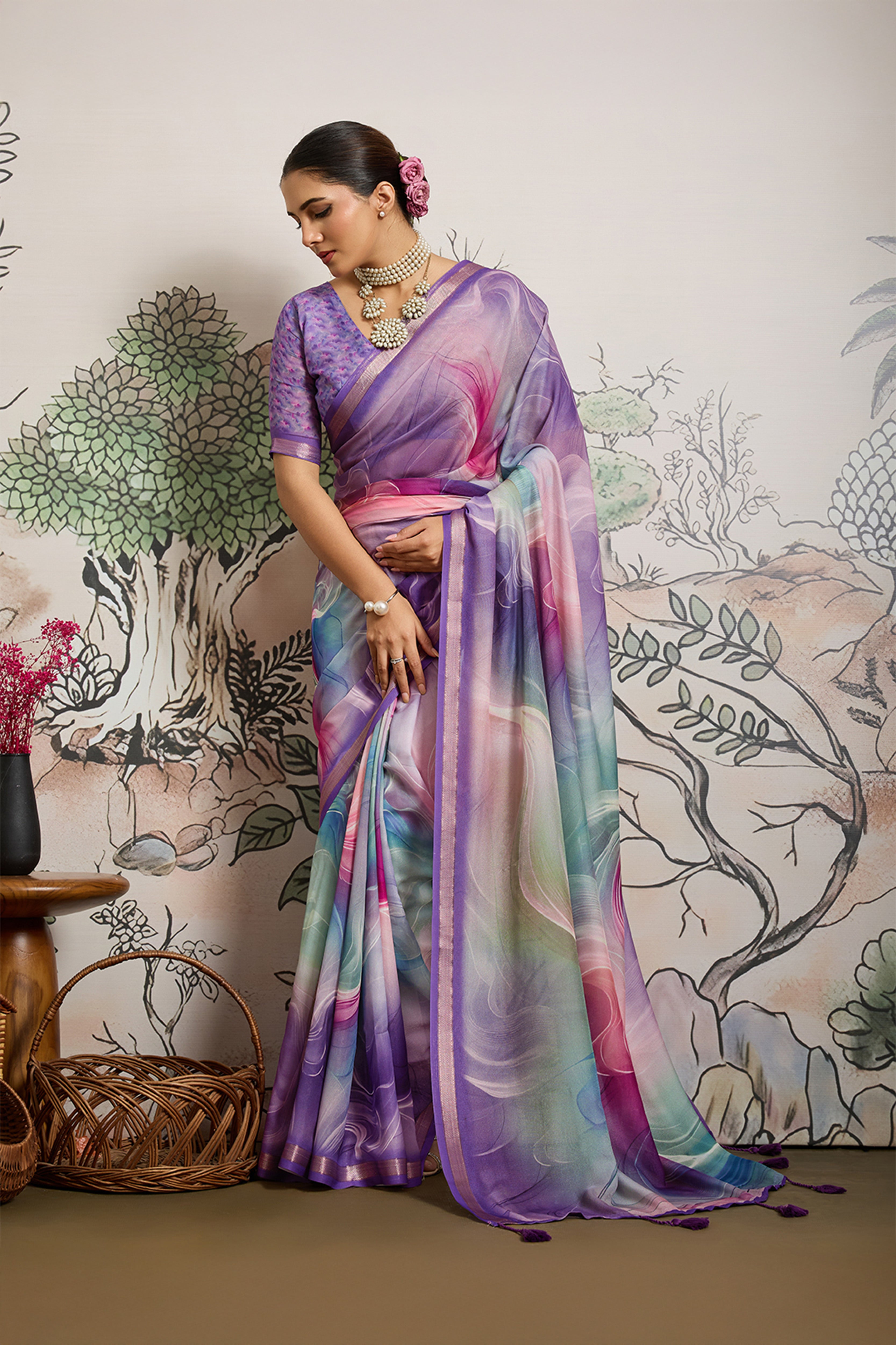 Lavender Moss Zari Printed Saree with Casab Zari Border