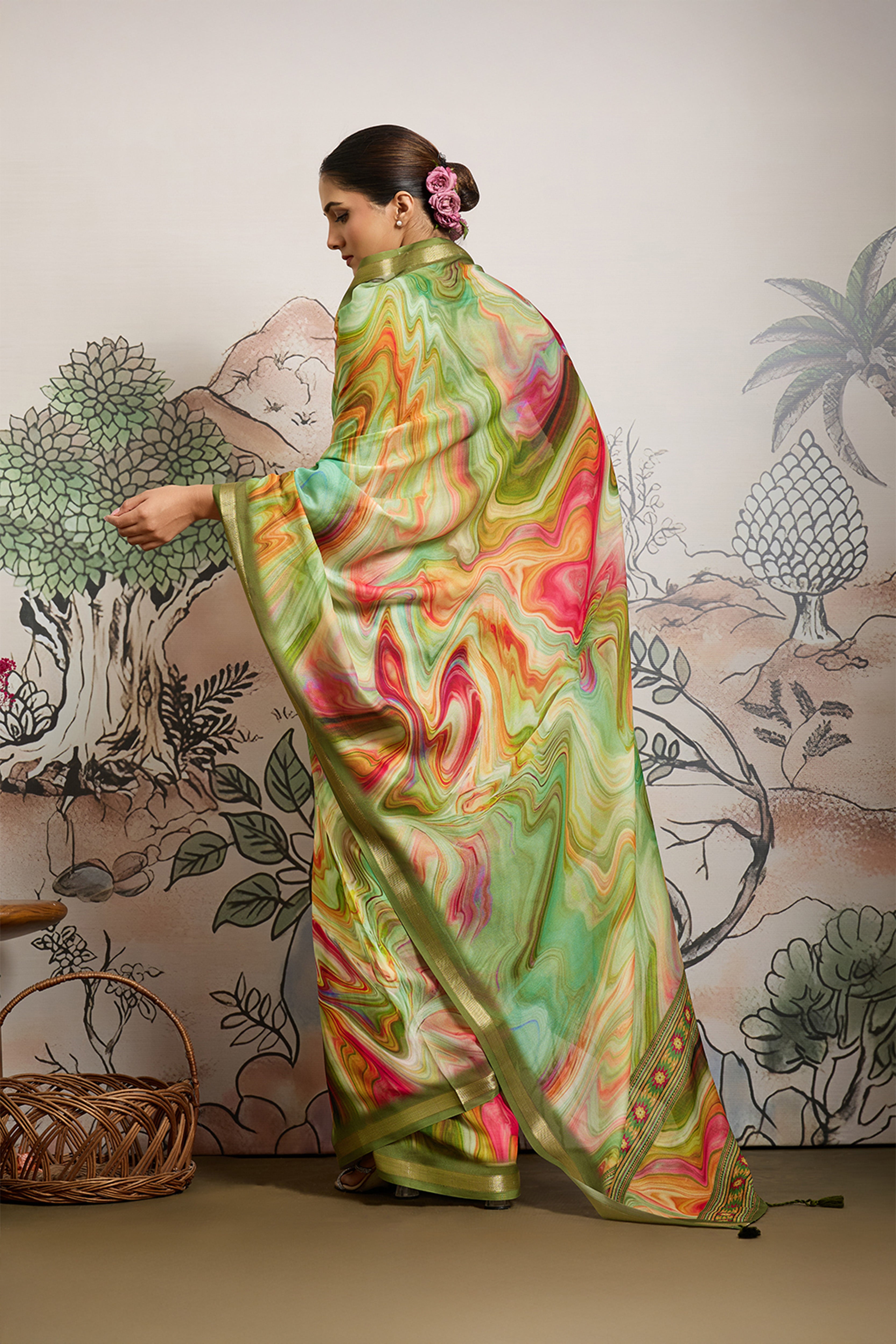 Green Moss Zari Printed Saree with Casab Zari Border