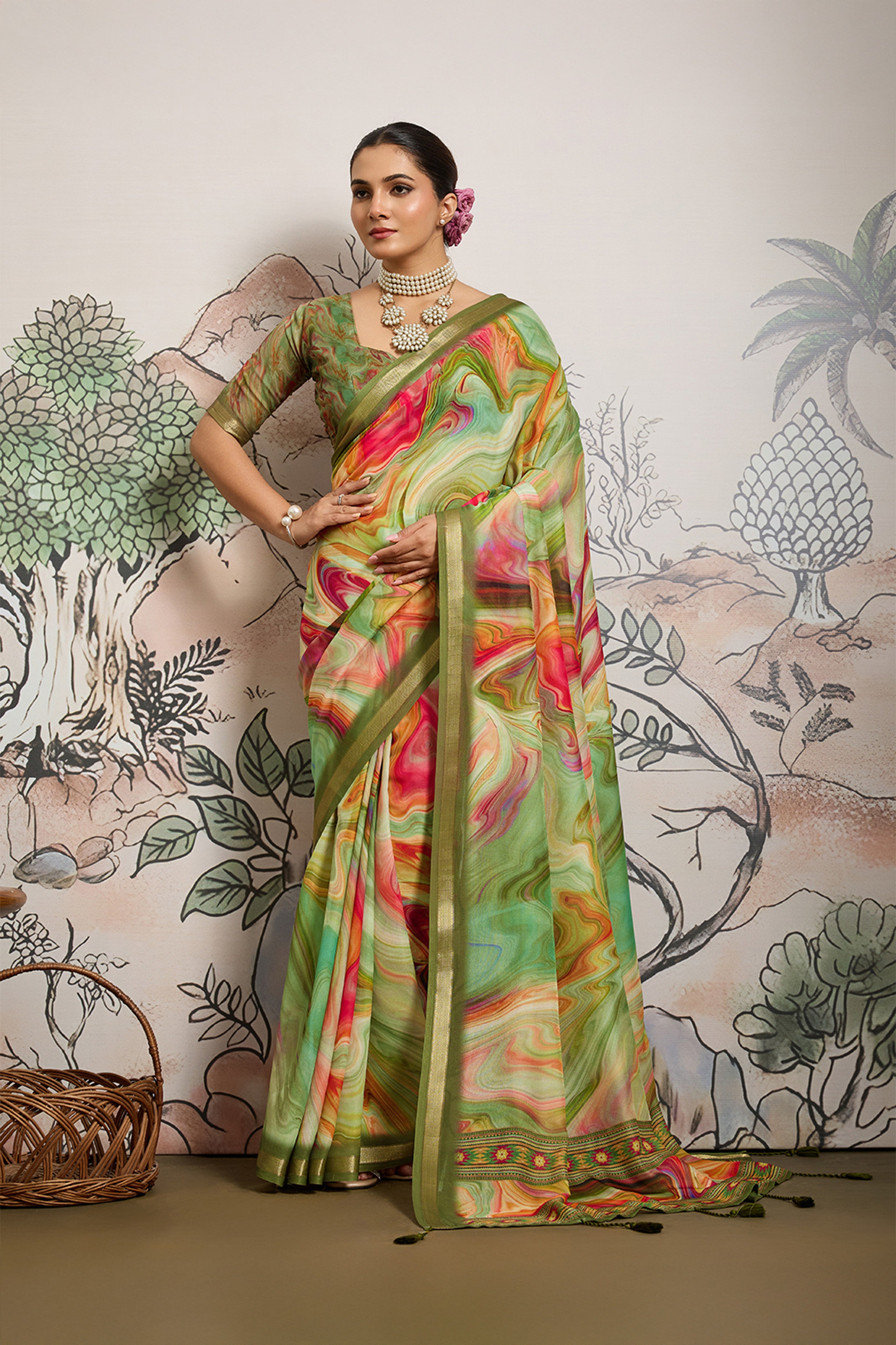 Green Moss Zari Printed Saree with Casab Zari Border sedoracouture