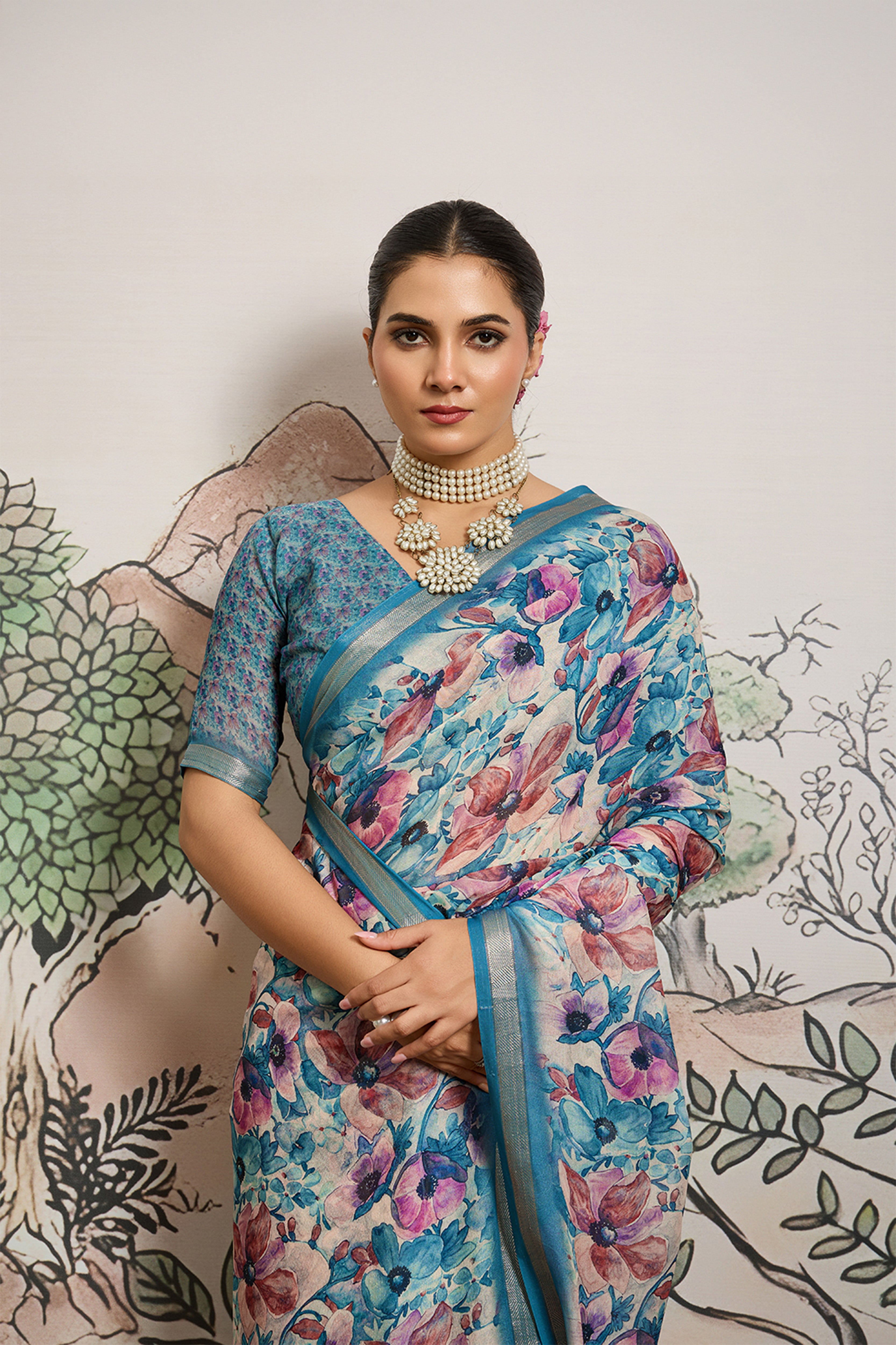 Light Blue Moss Zari Printed Saree with Casab Zari Border