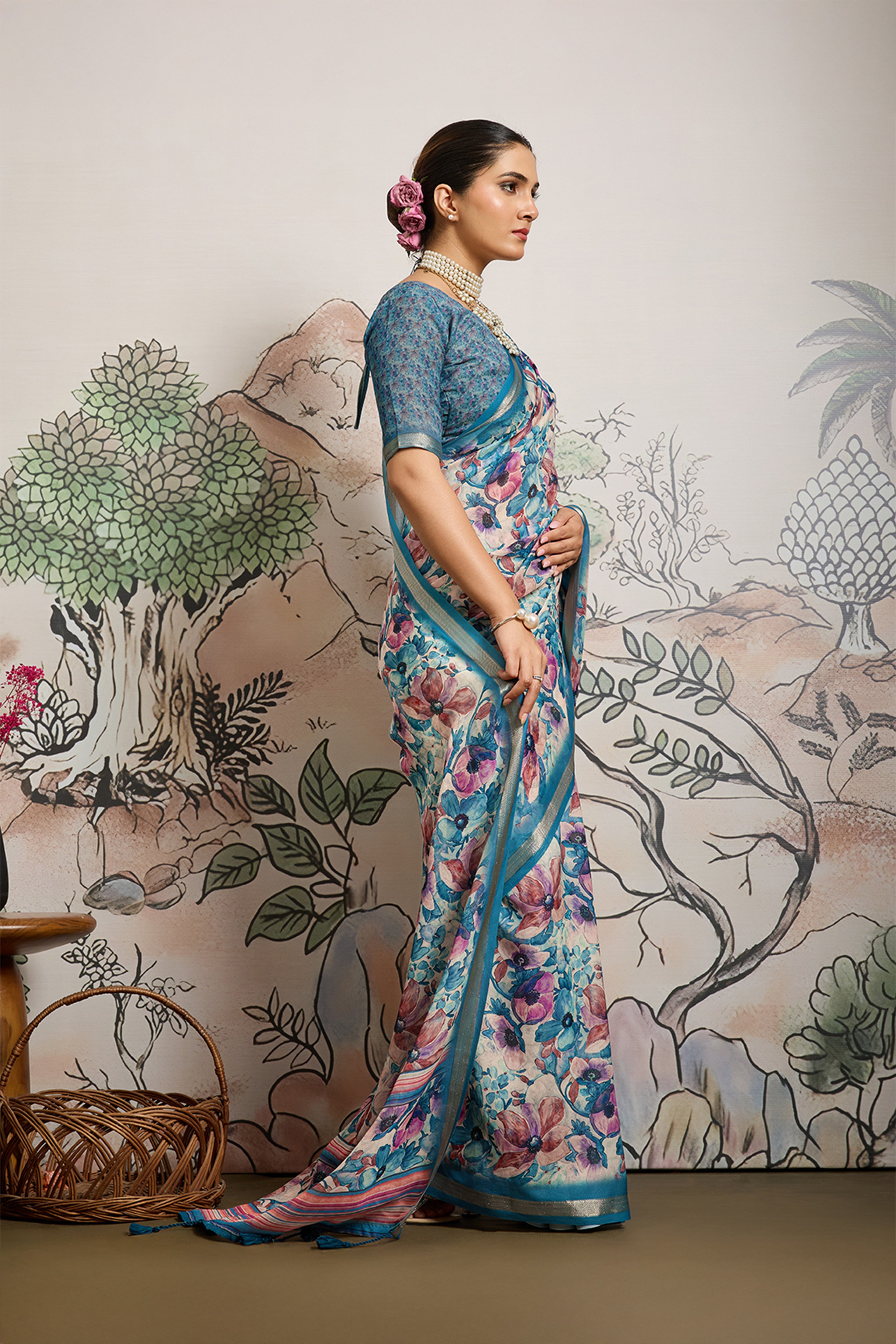 Light Blue Moss Zari Printed Saree with Casab Zari Border