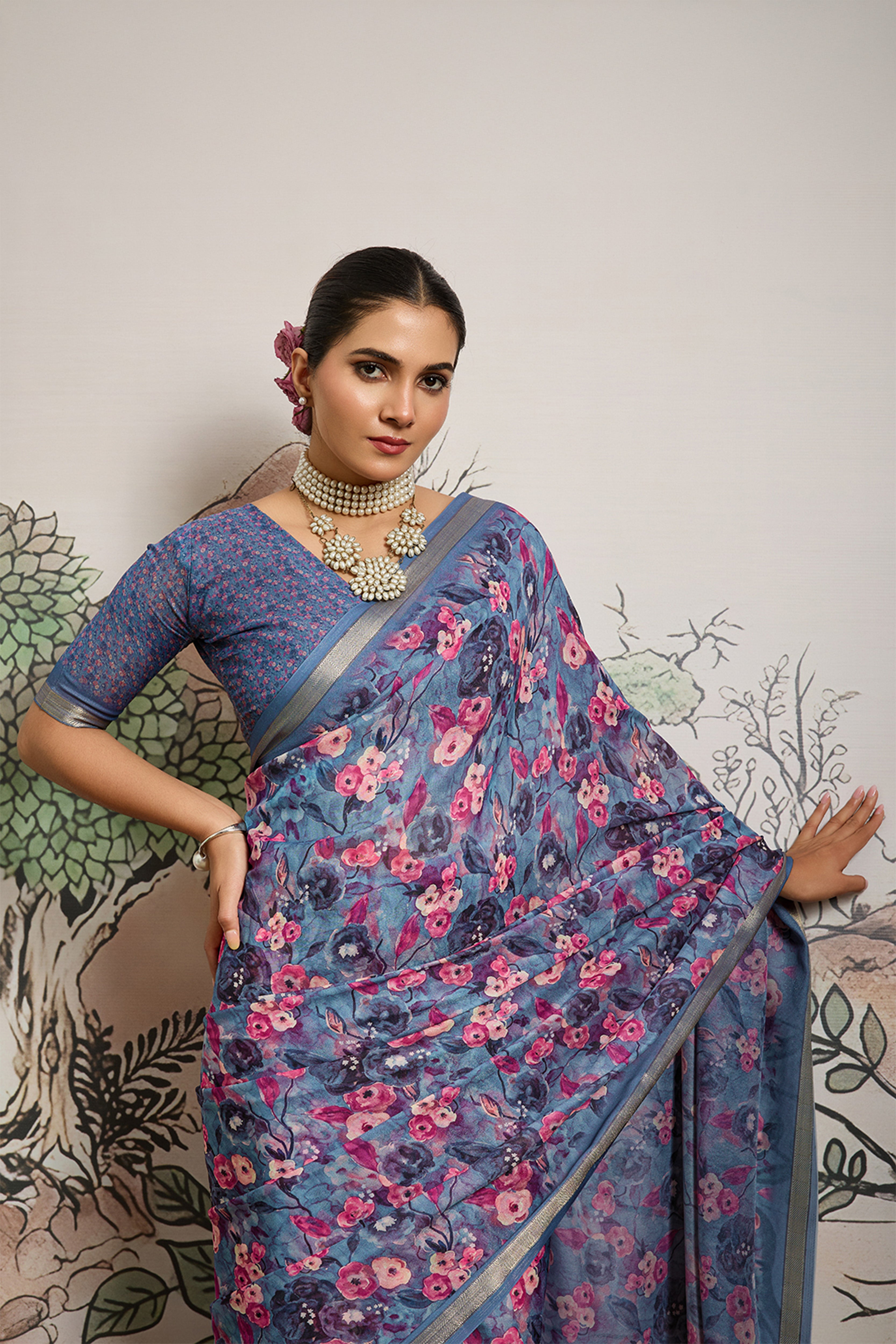 Greyish Blue Moss Zari Printed Saree with Casab Zari Border