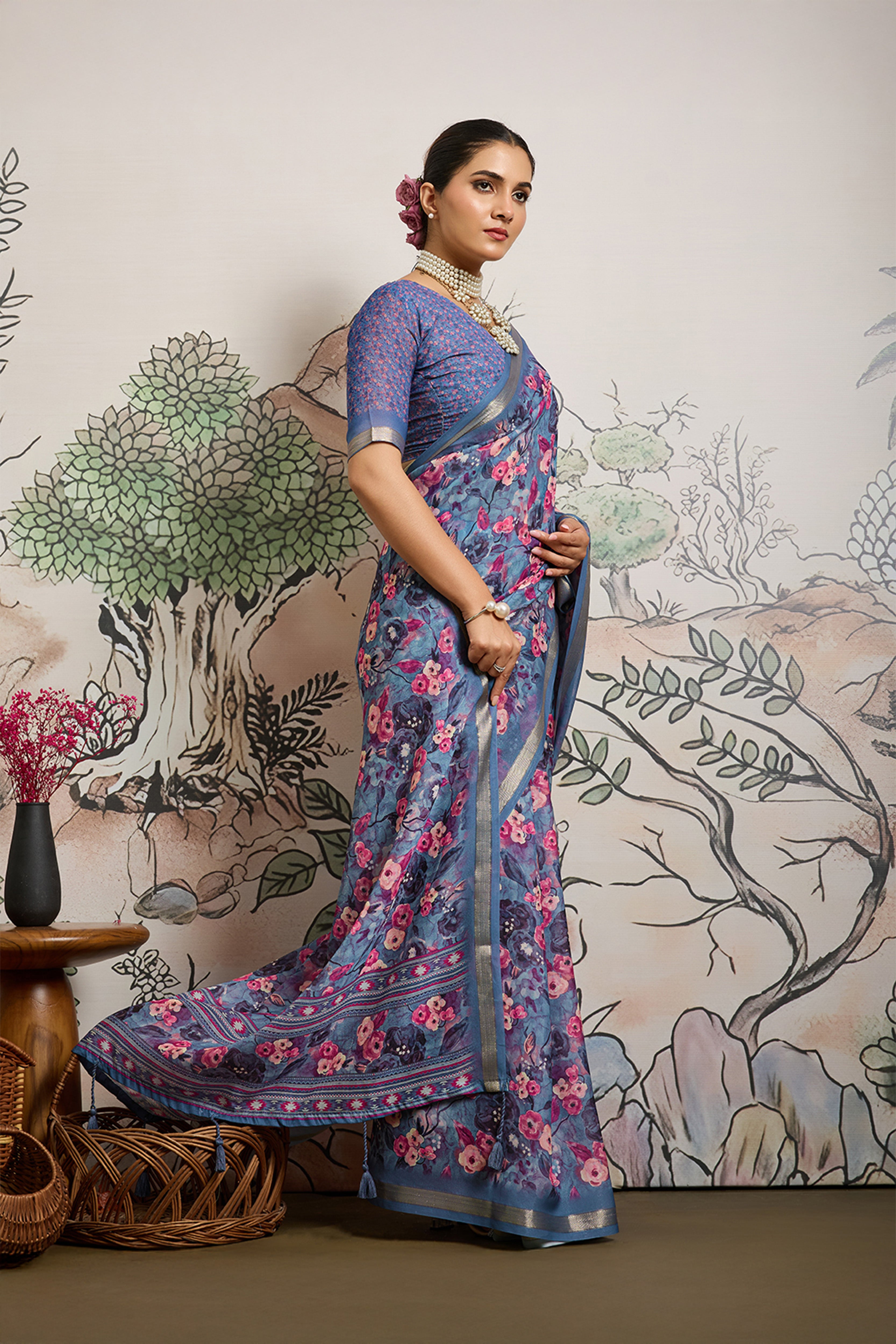 Greyish Blue Moss Zari Printed Saree with Casab Zari Border