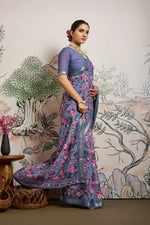 Greyish Blue Moss Zari Printed Saree with Casab Zari Border sedoracouture