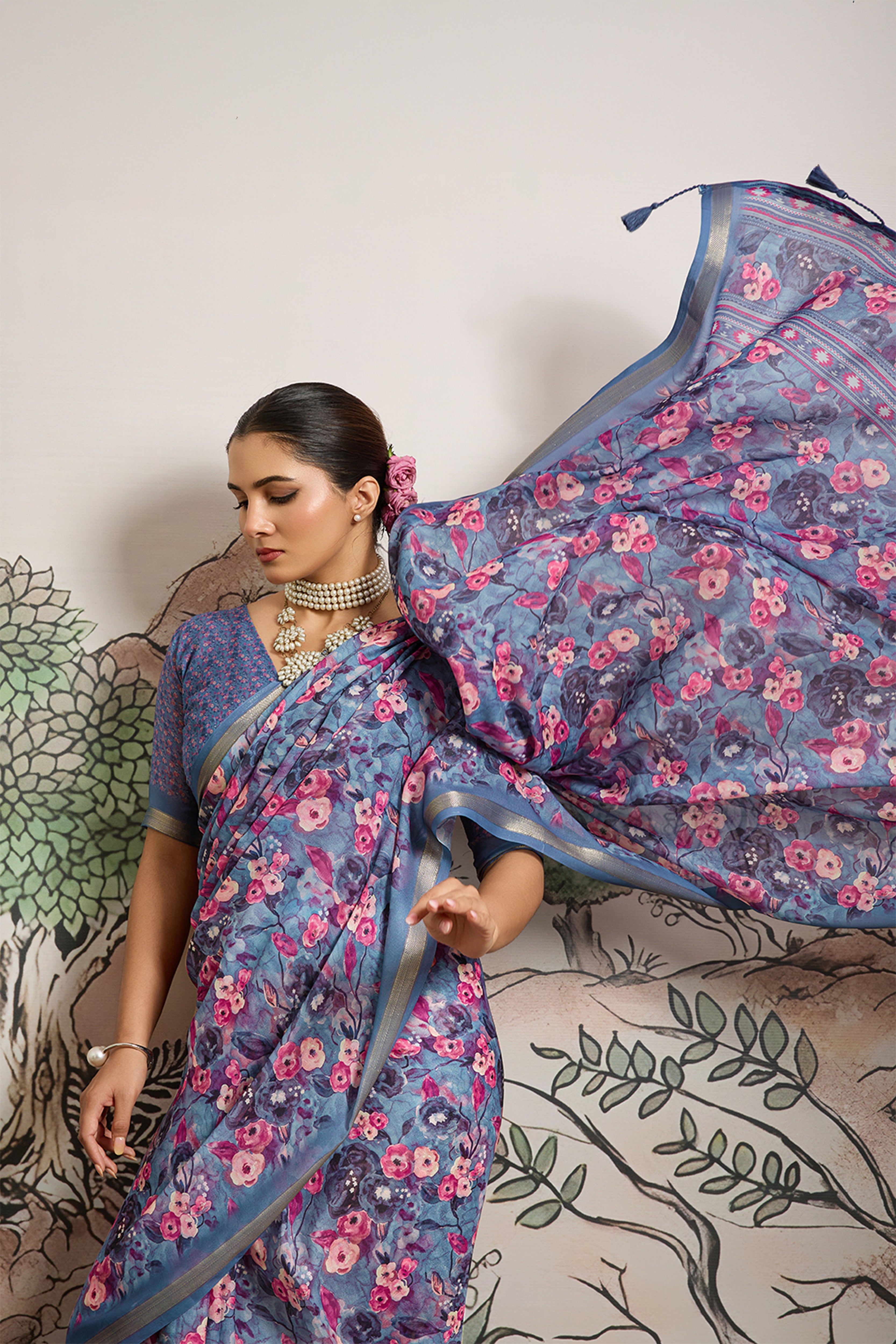 Greyish Blue Moss Zari Printed Saree with Casab Zari Border