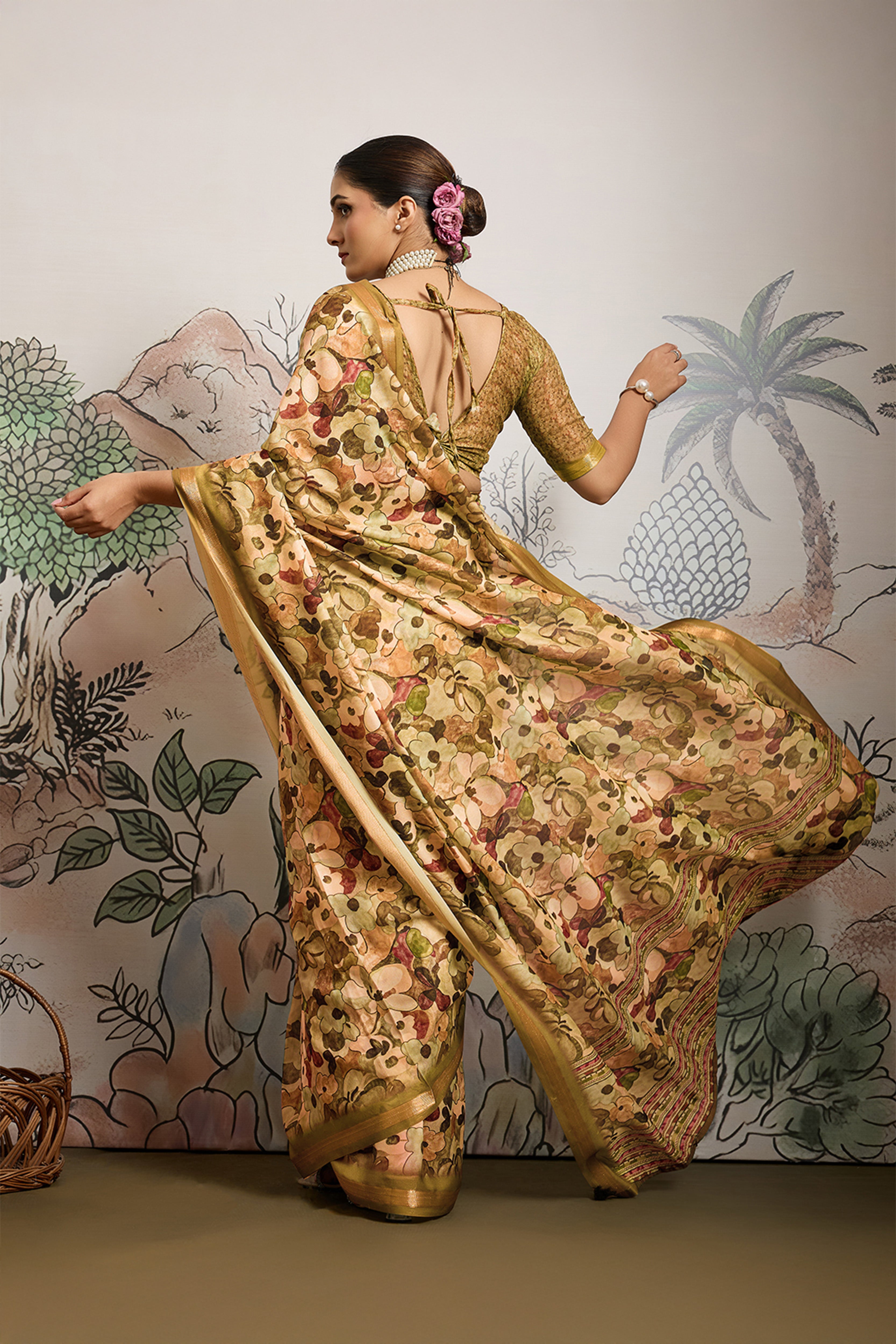 Mustard Moss Zari Printed Saree with Casab Zari Border