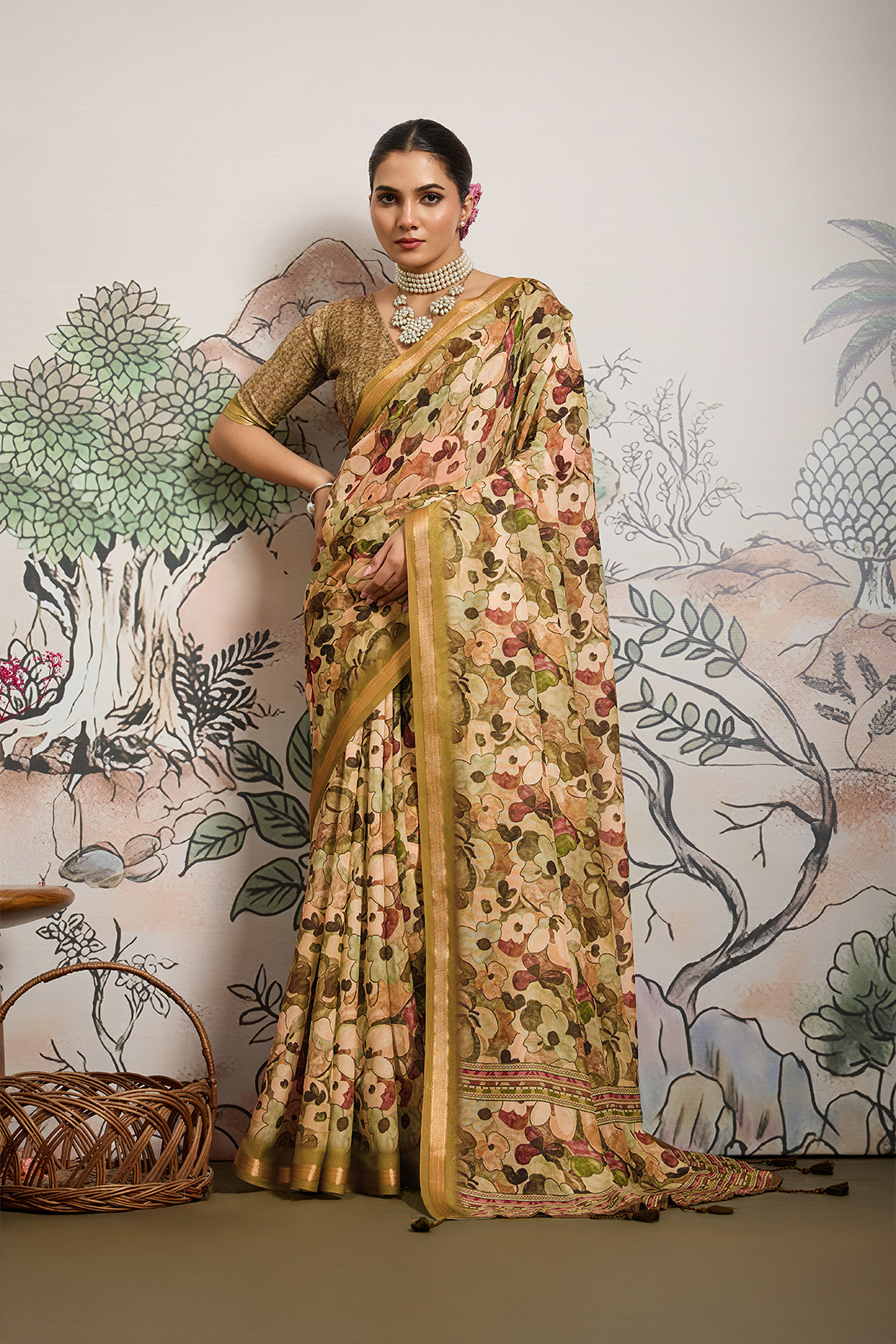 Mustard Moss Zari Printed Saree with Casab Zari Border