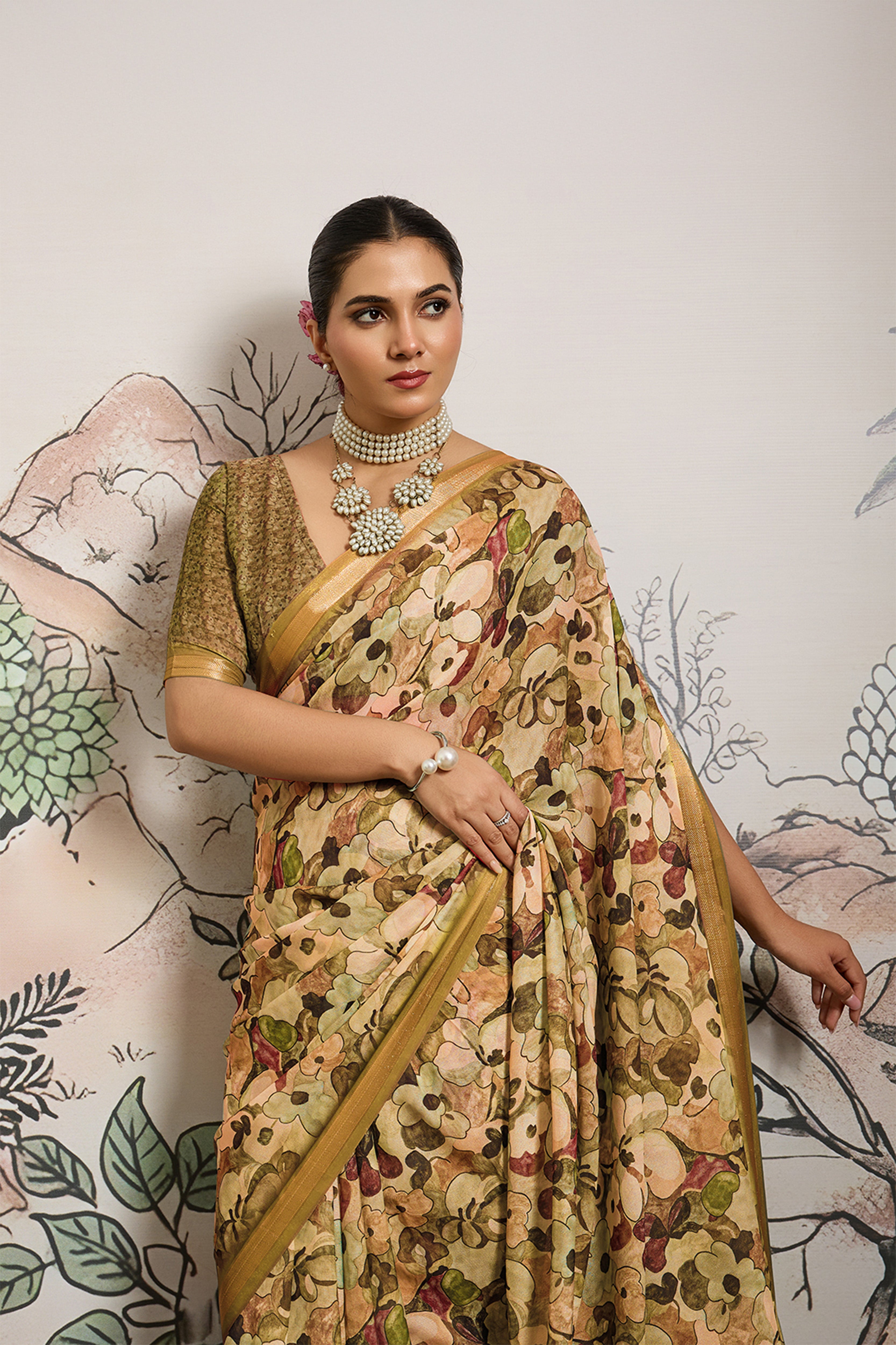 Mustard Moss Zari Printed Saree with Casab Zari Border