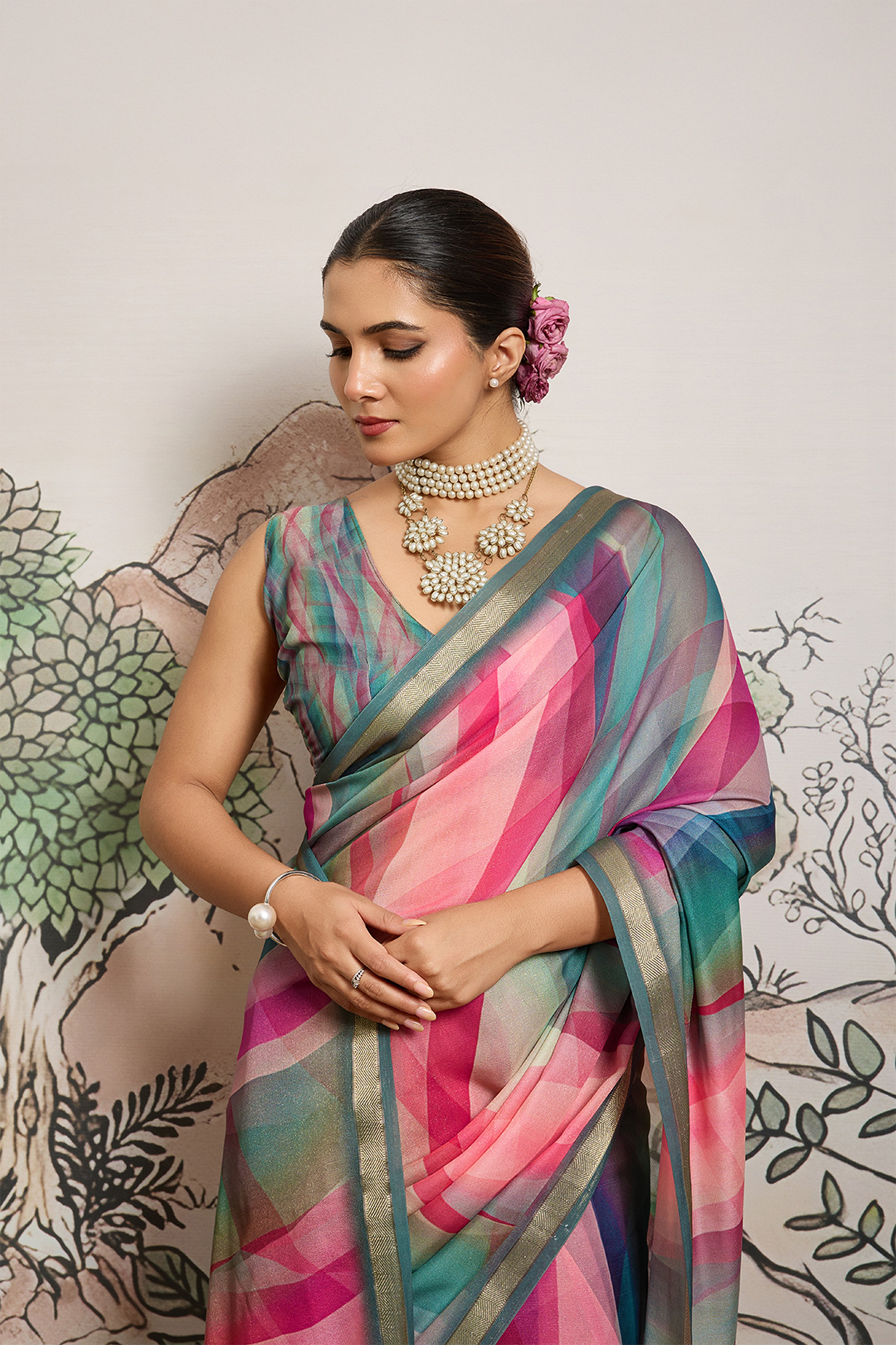 Multi-Colour Moss Zari Printed Saree with Casab Zari Border