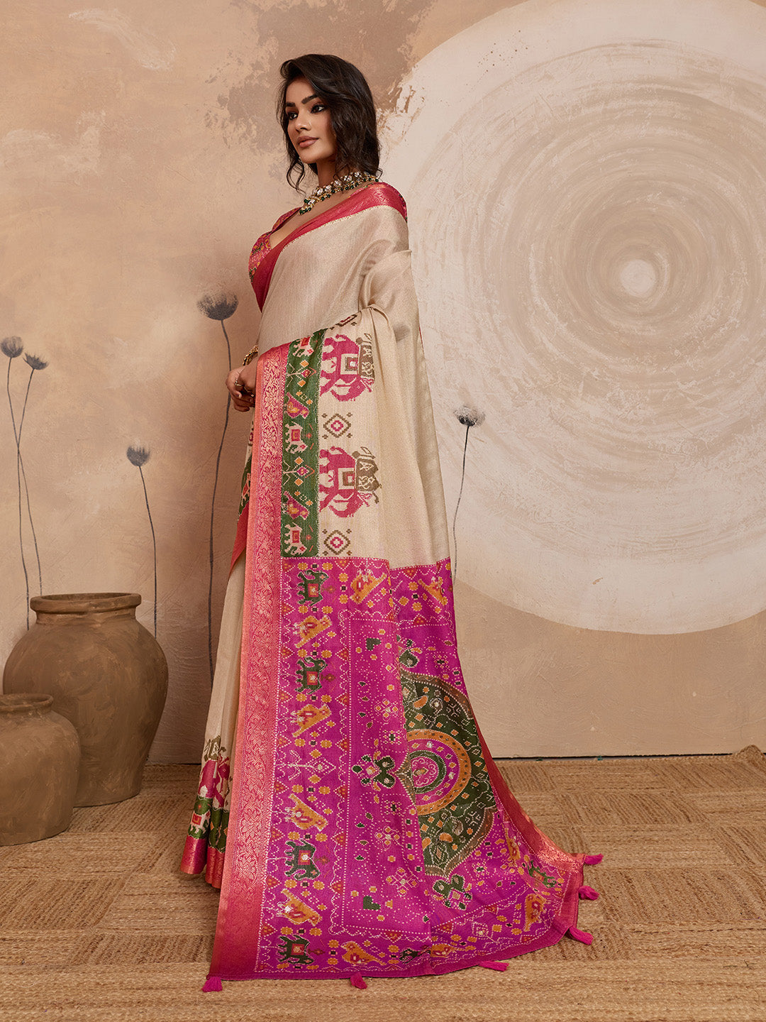 Beige Kanjivaram Figure Printed Saree