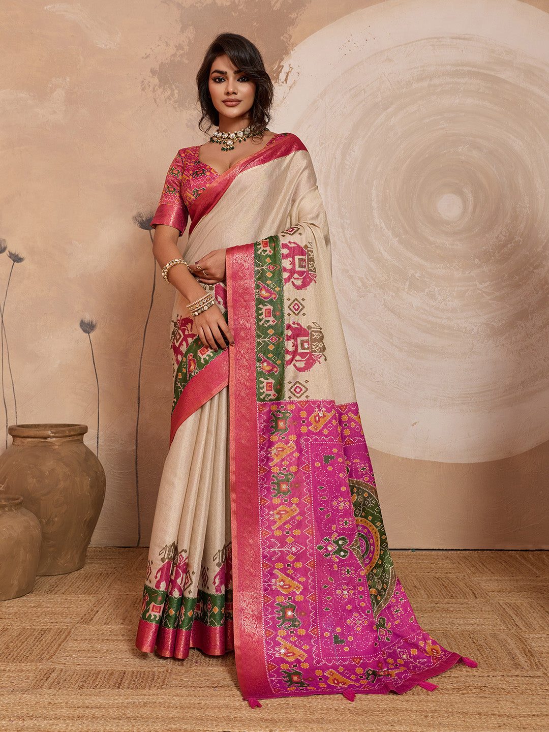 Beige Kanjivaram Figure Printed Saree