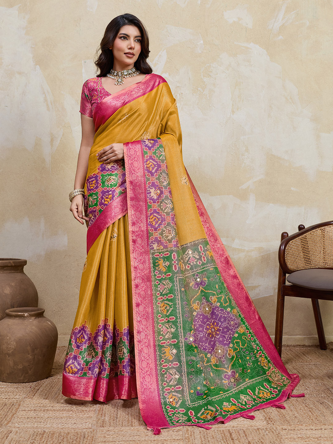 Mustard Kanjivaram Figure Printed Saree sedora couture