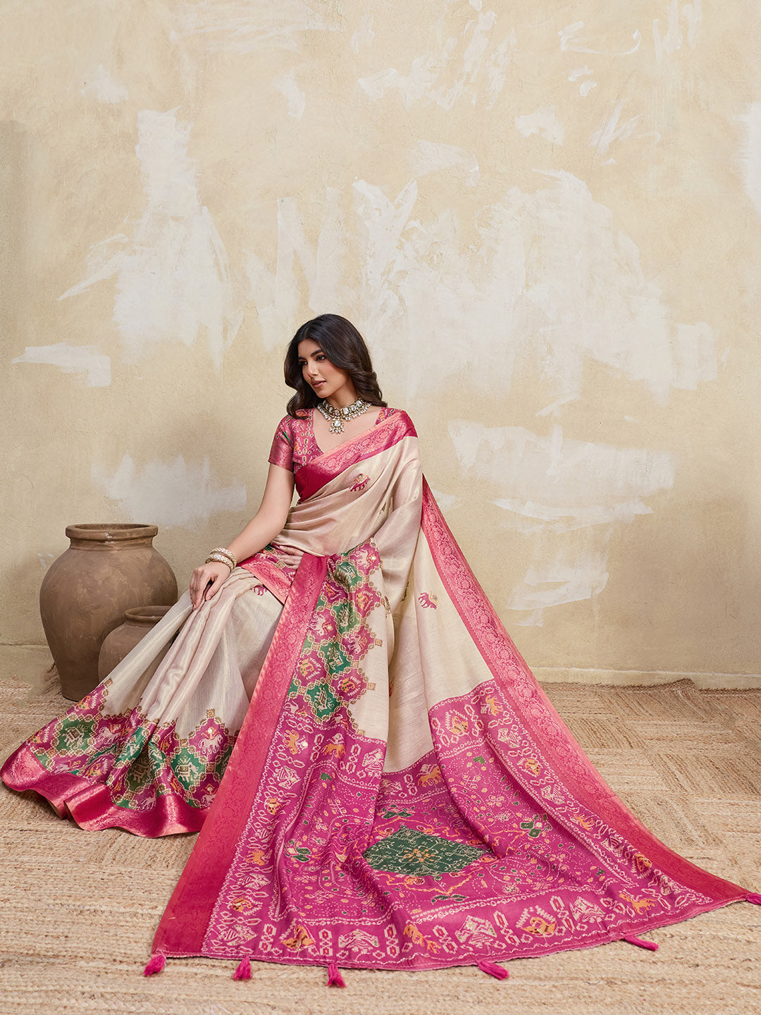 Beige Kanjivaram Figure Printed Saree