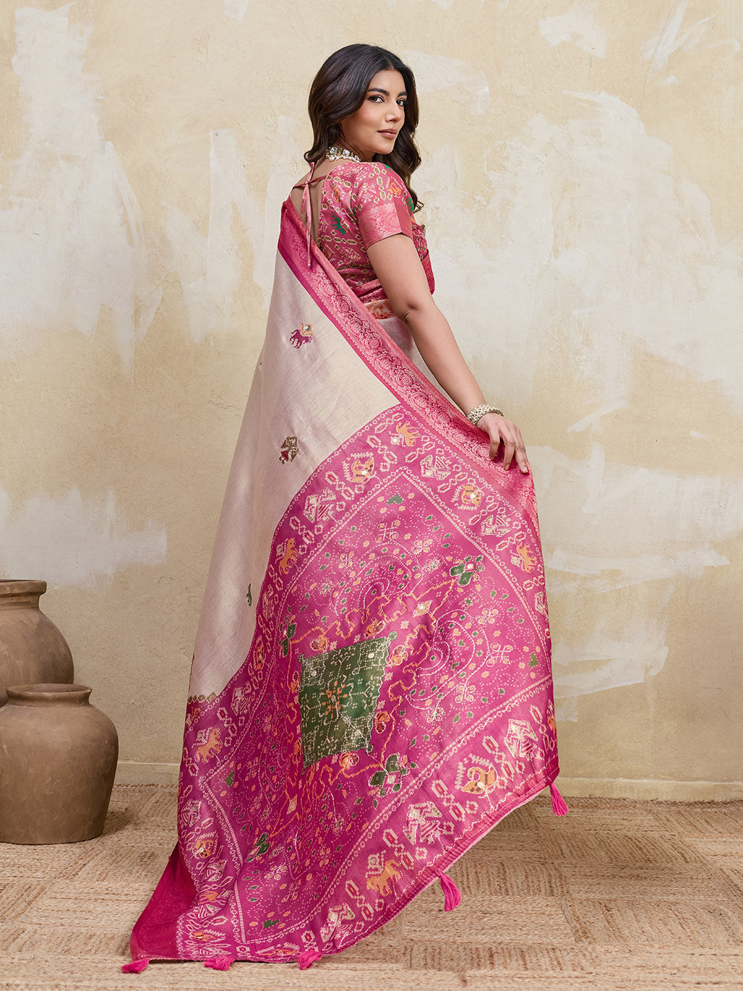Beige Kanjivaram Figure Printed Saree