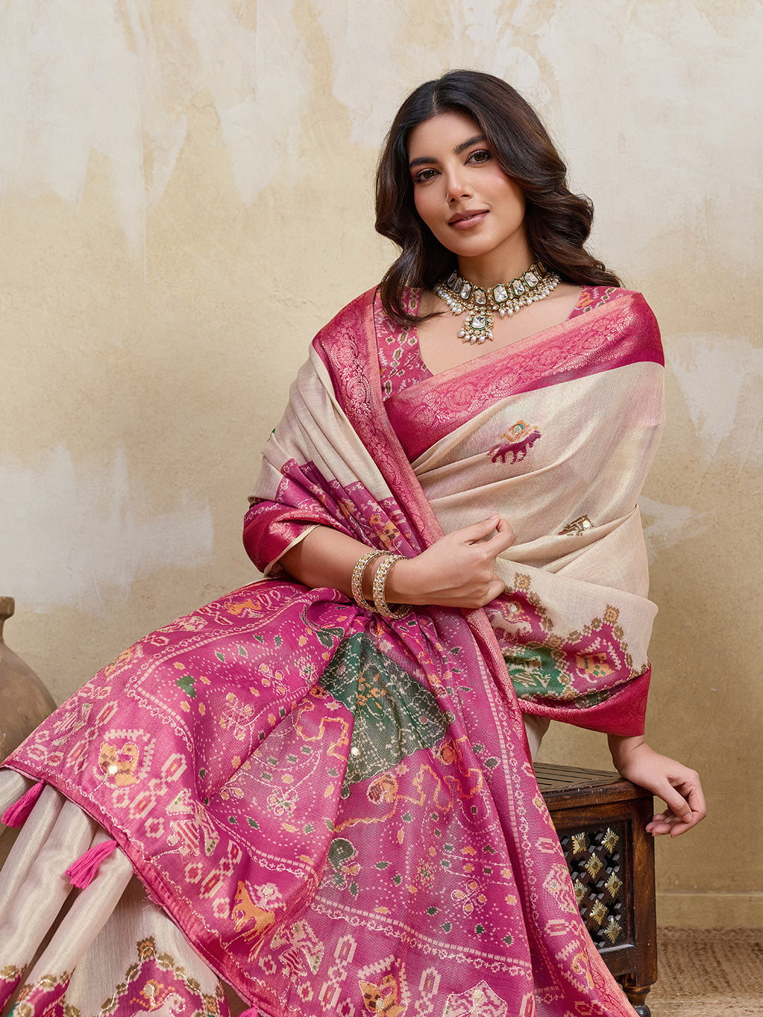 Beige Kanjivaram Figure Printed Saree