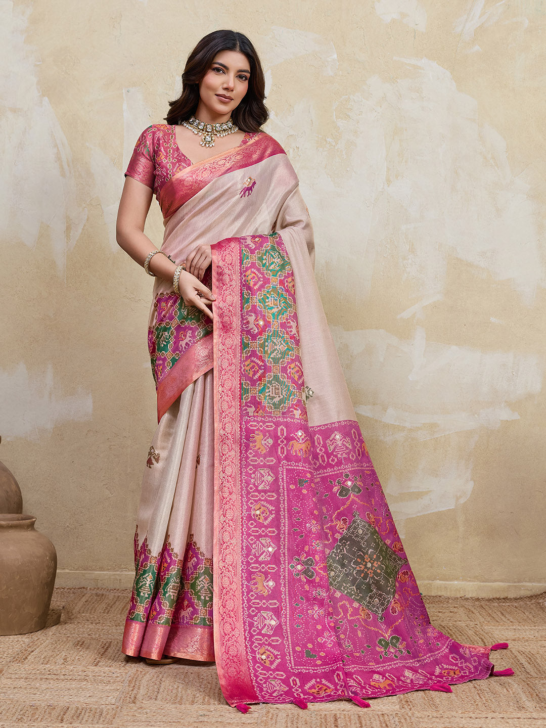 Beige Kanjivaram Figure Printed Saree